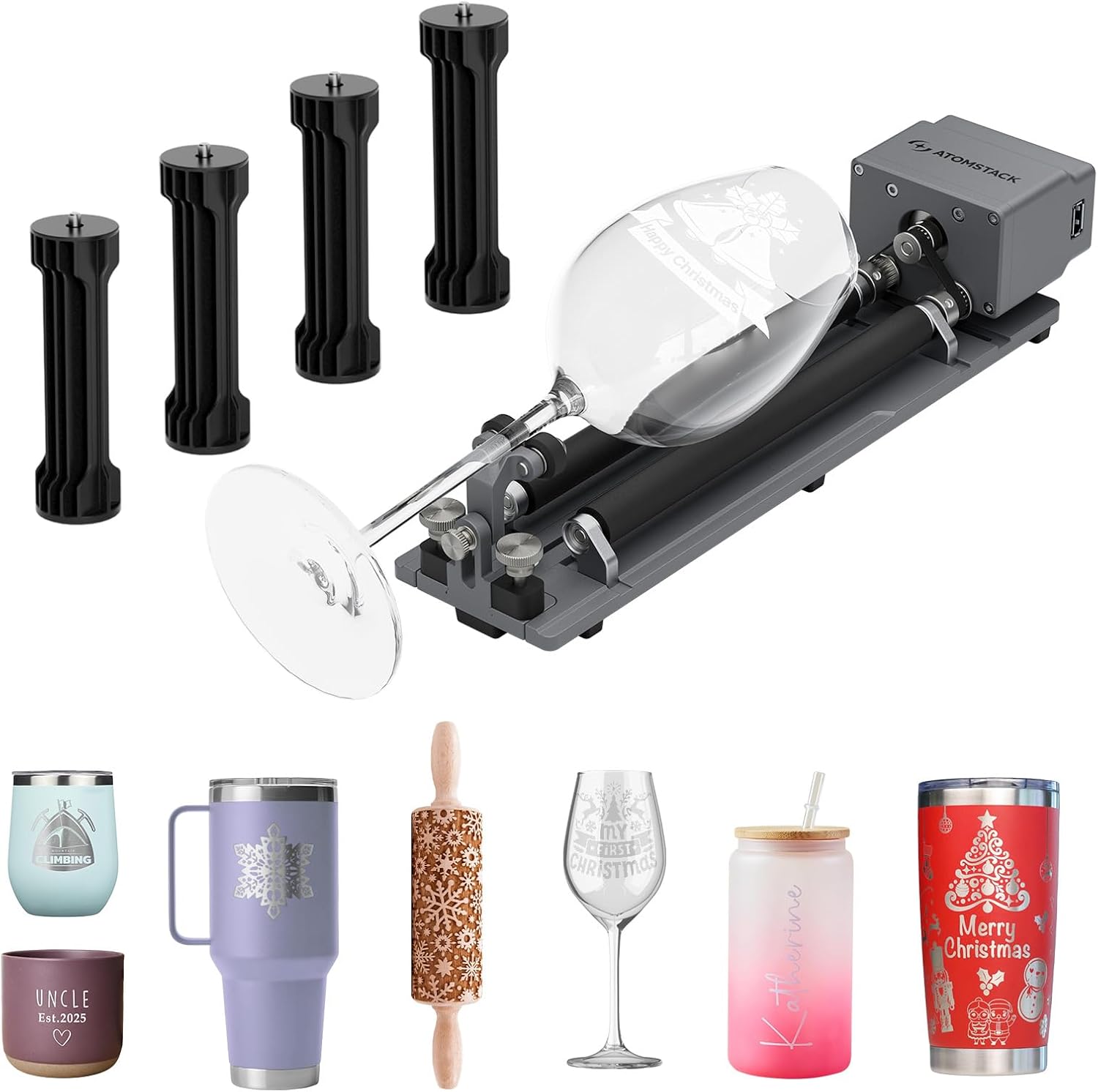 ATOMSTACK R6 Laser Rotary Roller Laser Engraver Multi-Function Compatible with Atomstack Laser Engraver Roller Rotator Y-axis Rotary Engraving Module for Cylindrical Objects Bottles Cups