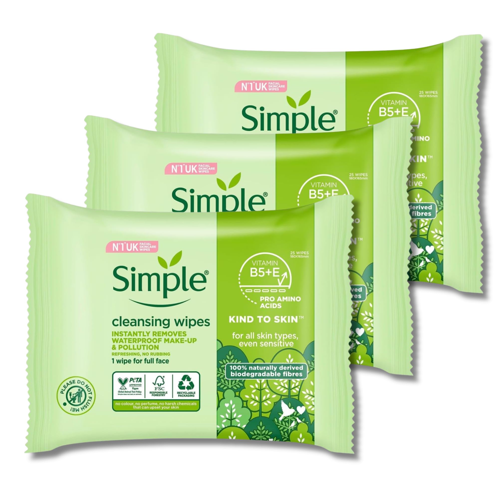 Facial Cleansing Wipes Kind to Skin Sensitive - 3 Pack with 25 Gentle, Hypoallergenic Wipes Per Pack for Sensitive Skin, Dermatologically Tested for Effective and Soothing Cleansing