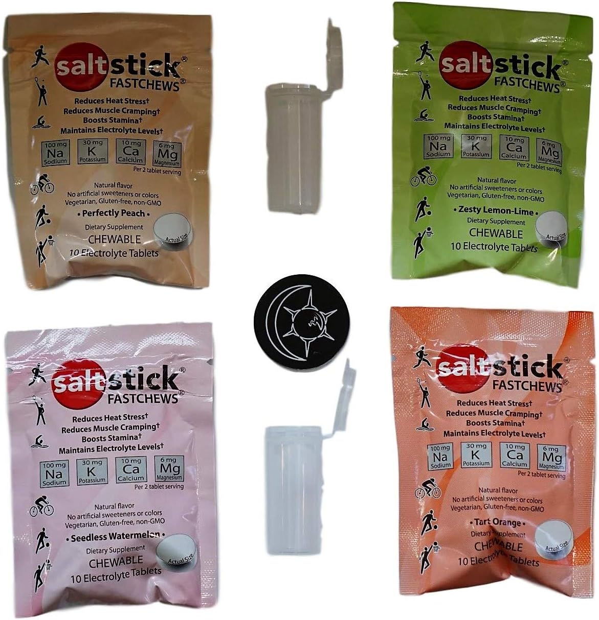 SaltStick FASTCHEWS® 4 Pk Try Them All with Two Race Ready Tubes and Magnet, Comes with Orange - Zesty Lemon-Lime - Perfectly Peach and Seedless Watermelon