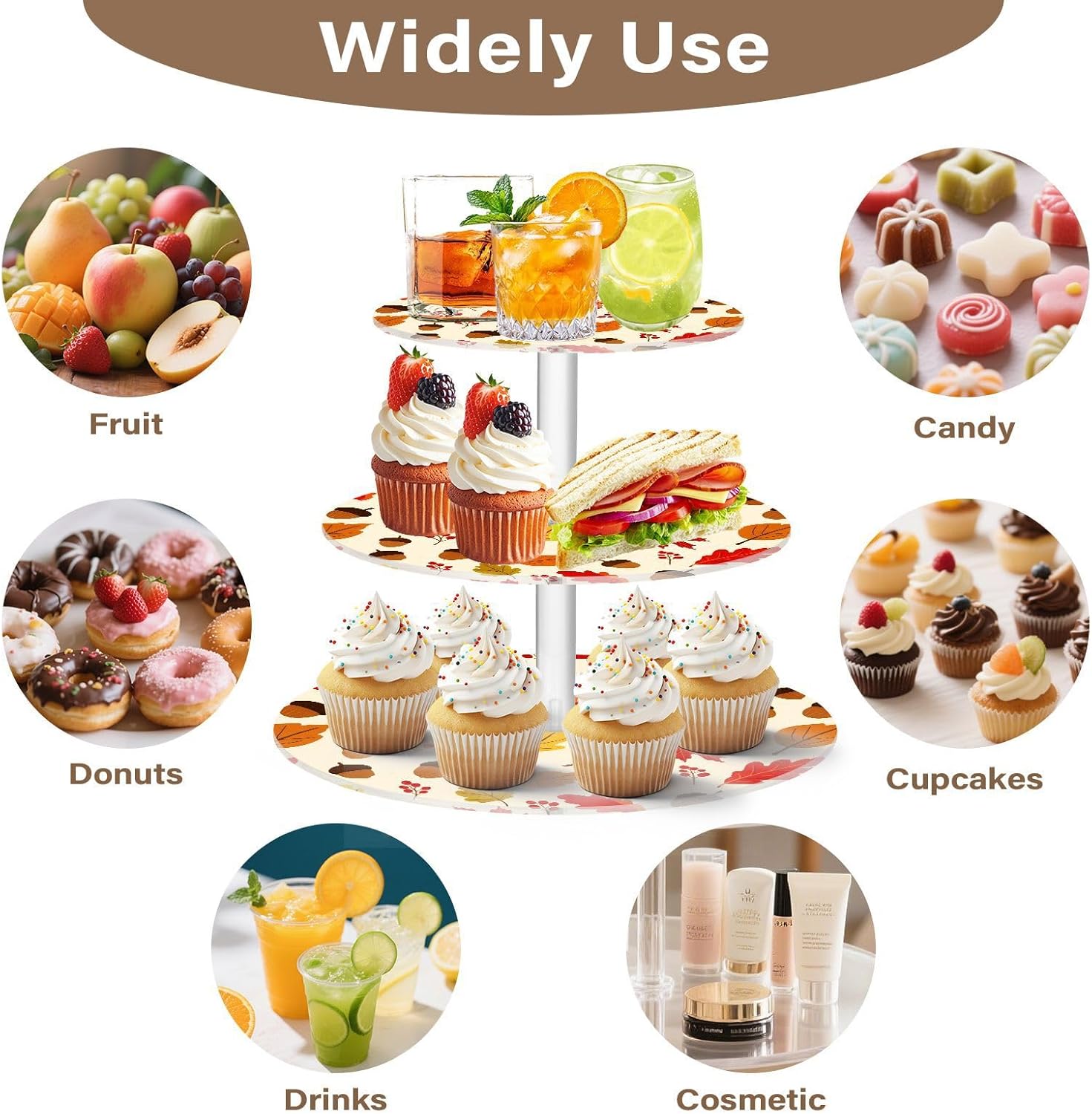 Autumn Fall Acorn Maple Leaves Thanksgiving 3 Tier Acrylic Cupcake Stand, Cupcake Stand for 34 Cupcakes for Weddings,Christmas,Holidays,Parties,Birthday,Printed Cupcake Tower 23301619