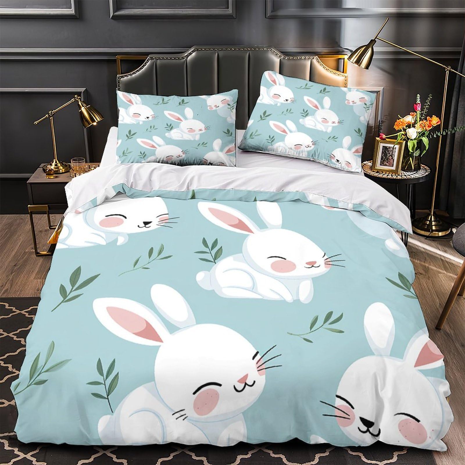 Parure de lit lapin super douce avec housse de couette légère à fermeture éclair 140x200