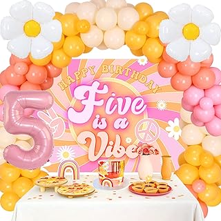 Cheereveal Five is a Vibe Birthday Party Decorations, Groovy 5th Birthday Balloon Arch Garland Kit - Banner Number 5 Foil Balloon for Girls Hippie Retro Disco Groovy 5 Years Old Birthday
