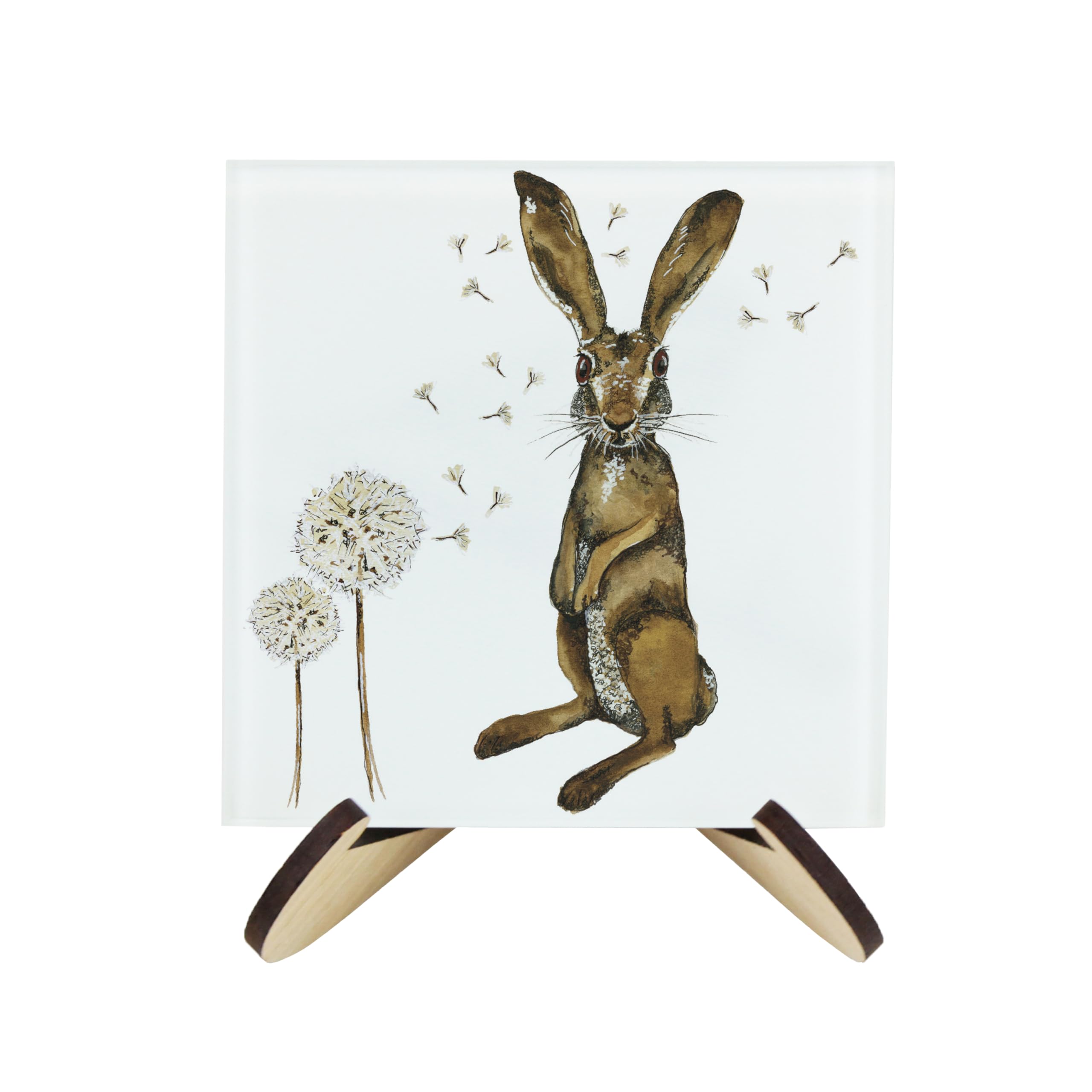 Hares Glass Coasters & Stand Set - Square Painted Wildlife & Dandelions By Rhiannon Chauncey - Set of Four (4) Coasters & Wood-Effect Stand