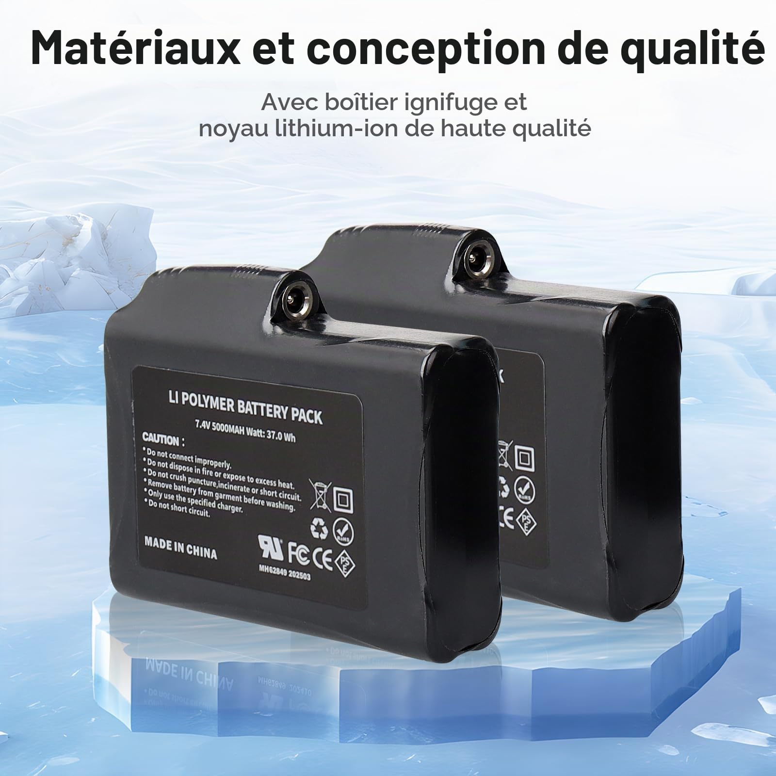Lot de 2 Batteries Lithium-polymère Rechargeables 7,4 V 5 000 mAh 37 Wh avec Chargeur pour Gants Chauffants,Chaussettes chauffantes,Bonnets Chauffants, cagoules chauffantes,Semelles chauffantes