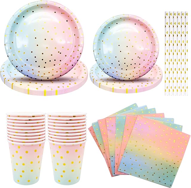 80Pcs Rainbow Colors Party Tableware Set, Pastel Pink Disposable Party Dinnerware Set with Gold Dot ,Paper Plates Cups Straws Napkins , for Girls Birthday, Wedding Anniversary Decorations (20 Guests)