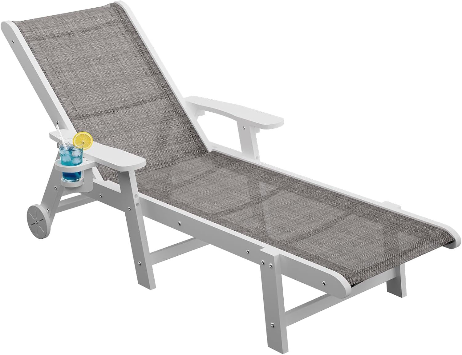 Outdoor Chaise Lounge Chair Set of 2, 5-Position Adjustable Pool Lounge Chair with Wheels & Cup Holder, HDPE Patio Lounge Chair with Textilene Surface for Outside, Poolside & Beach (Navy Blue)