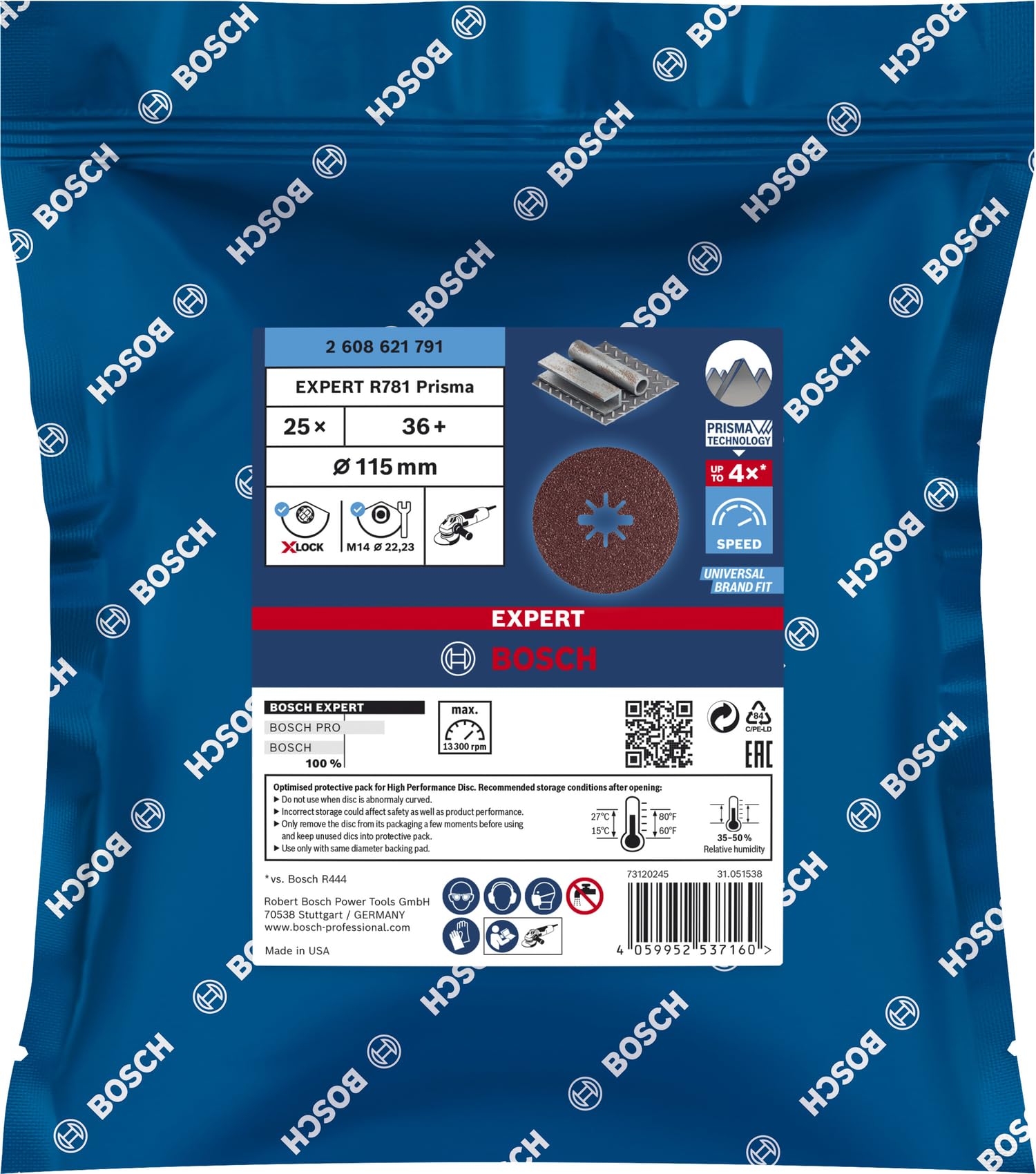 Bosch Professional 25 x Discos de fibra Expert R782 Prisma Ceramic X-LOCK, para Acero, Láminas de acero inoxidable, 115 mm, Grano 36, Accesorios Amoladora pequeña