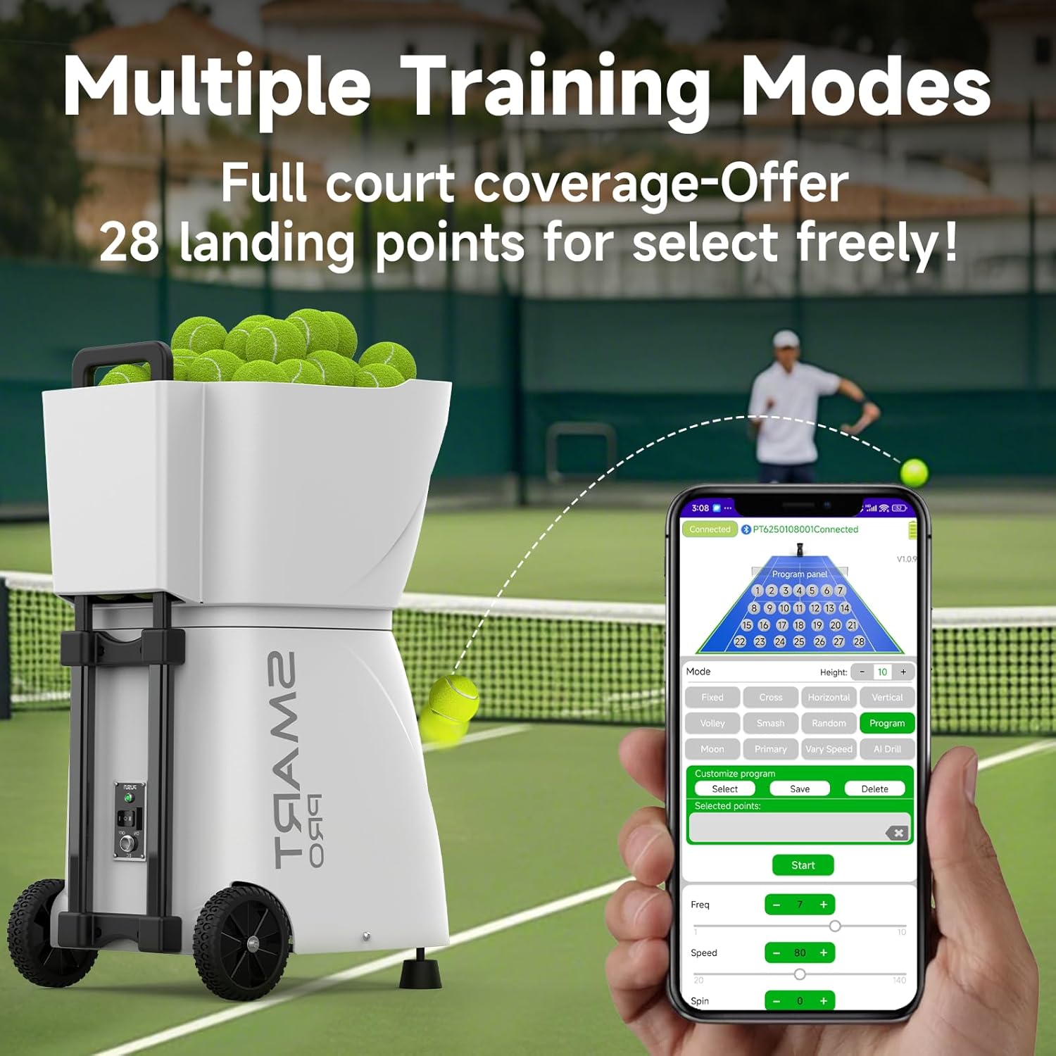 PUSUN PT-Smart Pro Tennis Ball Machine displaying multiple training modes on a smartphone app interface.