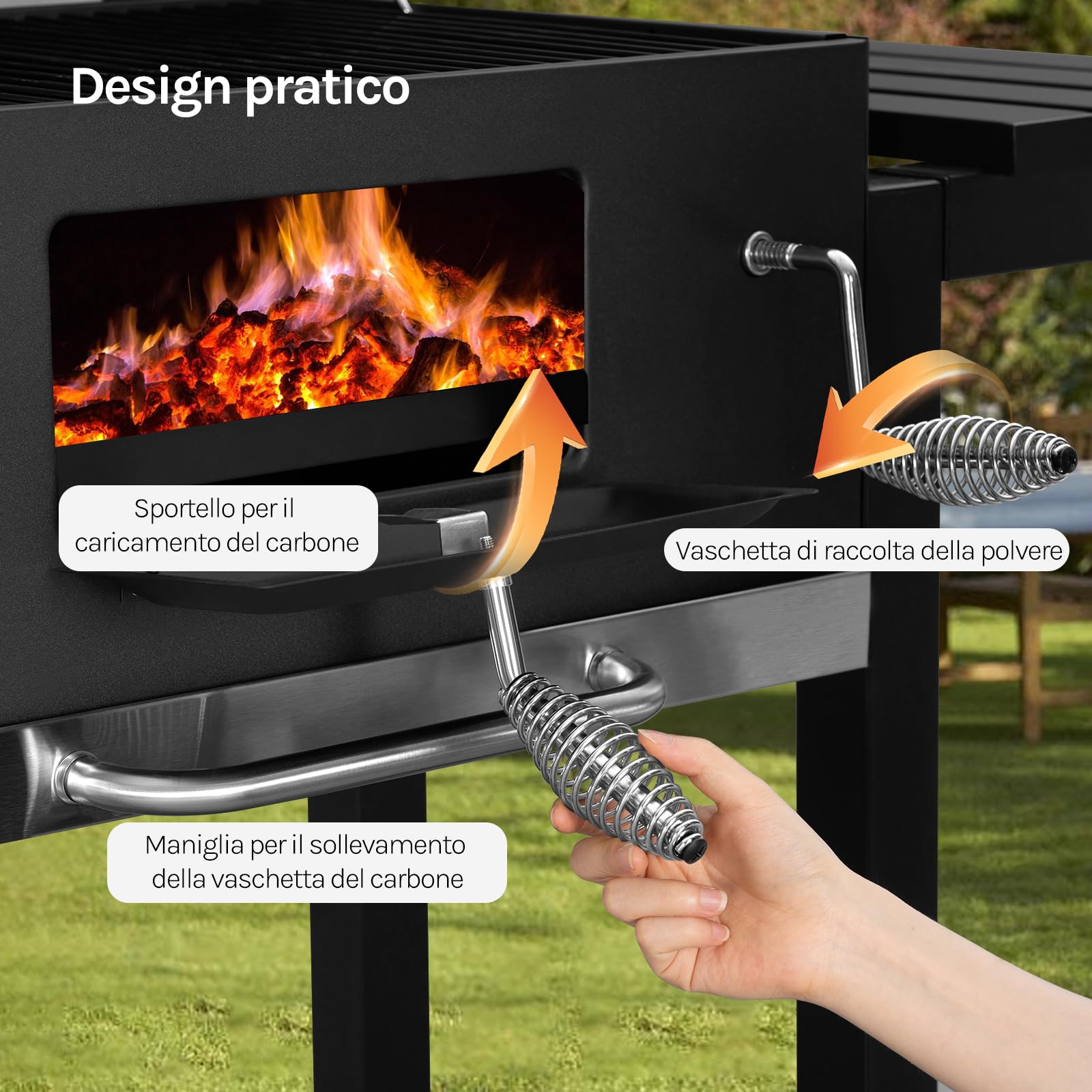 WOLTU Barbecue Portatile a Carbonella, Griglia a Carbone, Coperchio e Termometro, con Ruote e Ripiani, Carrello per Barbecue da Campeggio, Picnic e all'Aperto, 117x71x107cm, Nero