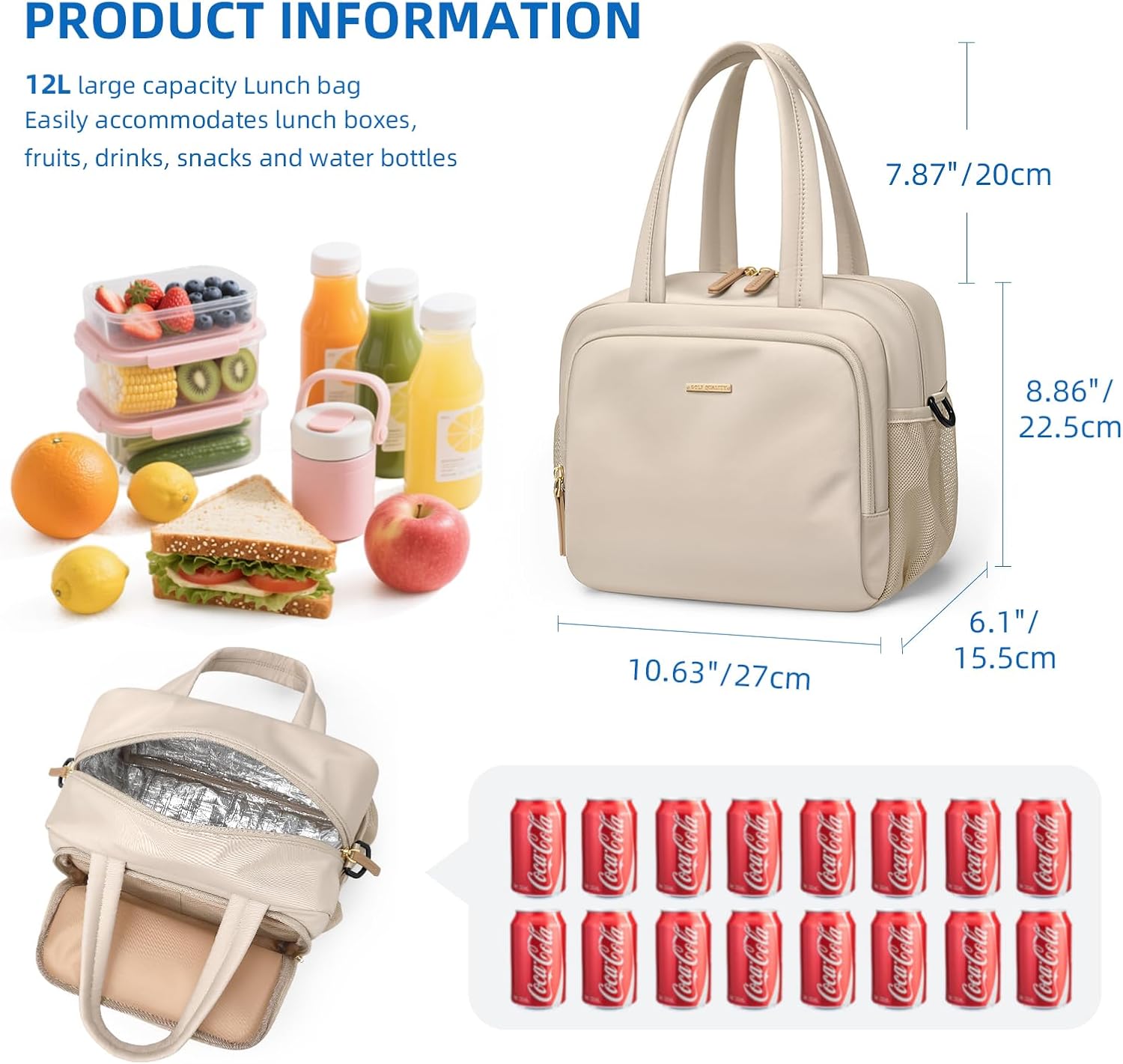 Insulated Lunch Bags for Women,Lightweight Puffy Padded Waterproof Lunch Tote,Reusable Lunch Cooler Bag for Work Picnic Travel,Apricot