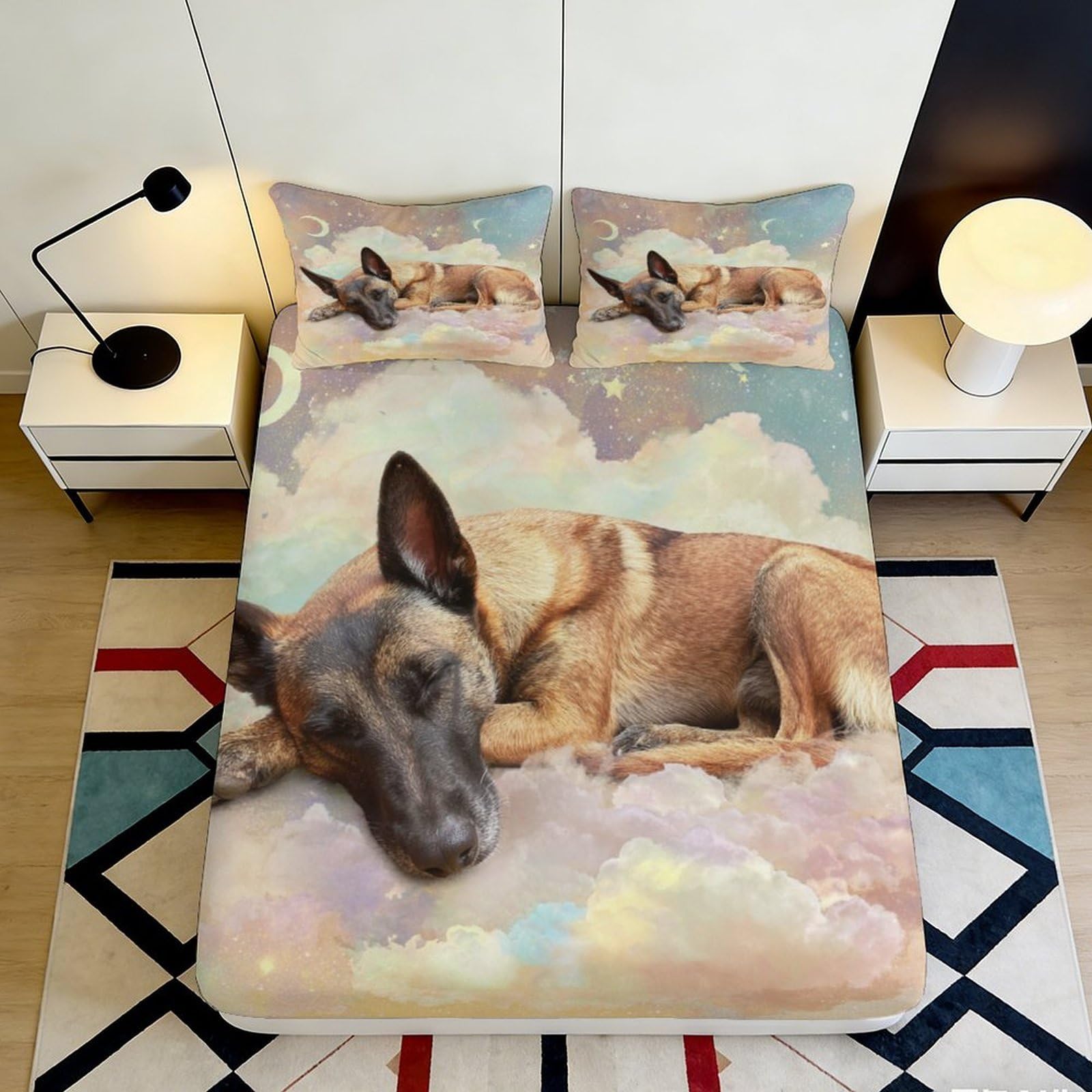 3D Printed Dog Cloud Fitted Sheet Microfiber Anti-Slip Mattress Cover Bedroom Decor Easy Care for All Ages 90x200x25cm