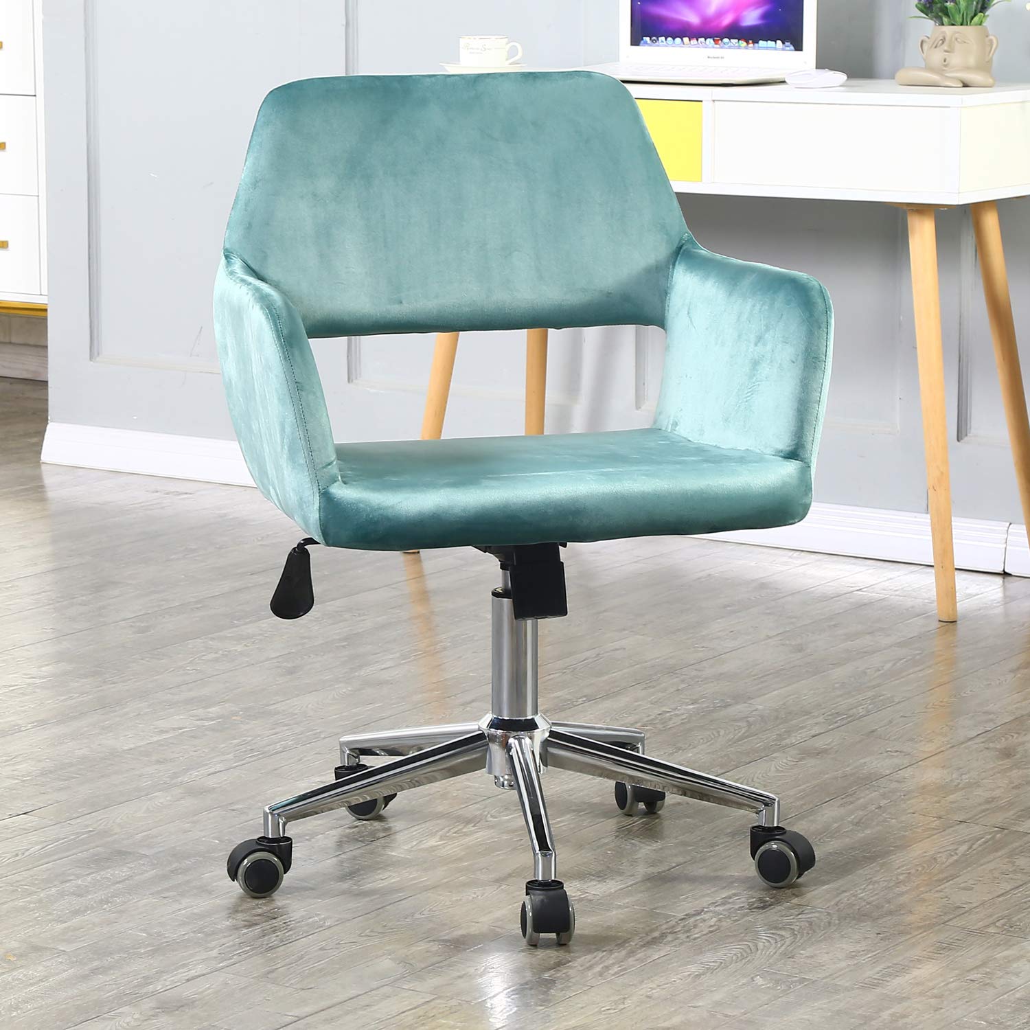 Velvet Fabric Home Office Chair with Open Back Upholstered Swivel Desk Chair with Arms and Adjustable Height for Small Spaces Home Office Living Room Bedroom Blue