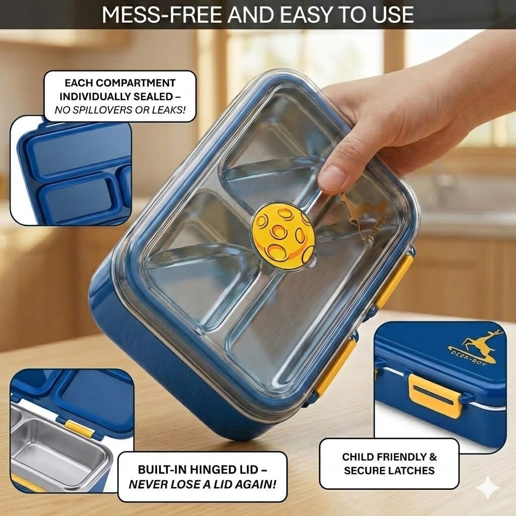 Small Bento Box for Toddlers & Snacks – 3-Compartment with Leak-Proof Lid, Spoon & Stainless Steel Tray – 20 x 15 x 6.8 cm BPA-Free, Dishwasher Safe - Fun Space Design for School & Travel (Blue)