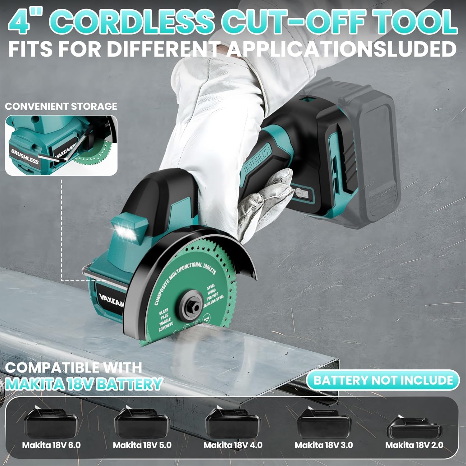 Cordless Cut Off Tool Compatible with Makita Battery, 18,000 RPM Brushless Motor, 4" Blades (2pcs) with Dust Cover, 1.2mm Max Blade Thickness for Wood/Metal/Plastic【BATTERIES NOT INCLUDED】