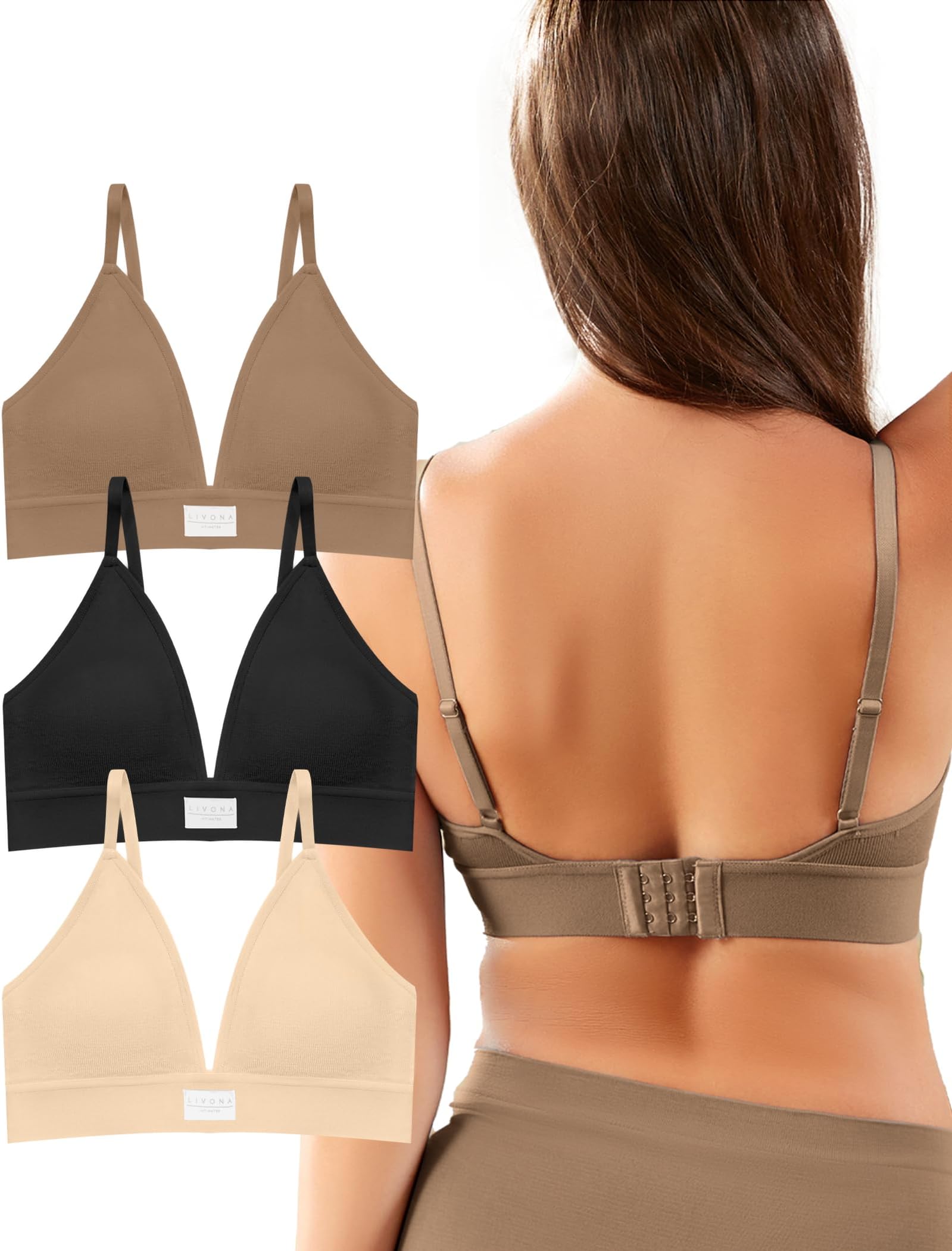 Livona Sports Bras for Women - 3 Pack V-Neck Wireless Bralettes with Support Comfort Plunge Padded Fitness Cami Crop S-XXL