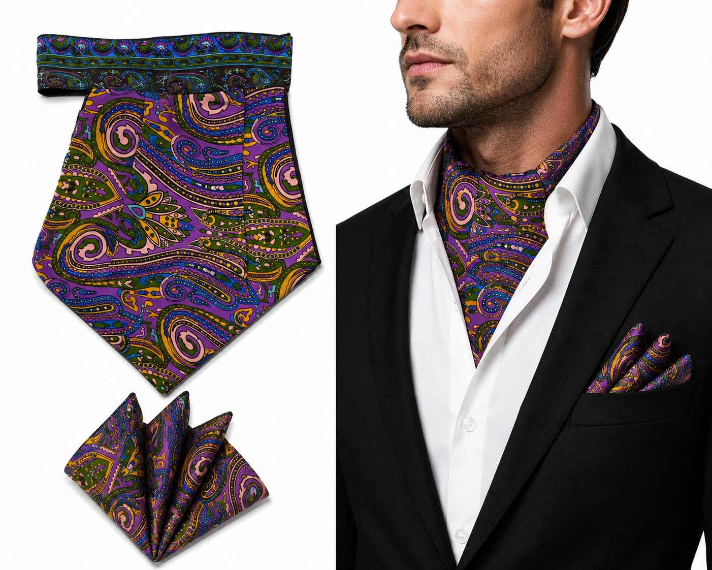Men's Floral Cravat and Pocket Square Set, Pink with Multicolour Botanical Print-image-36