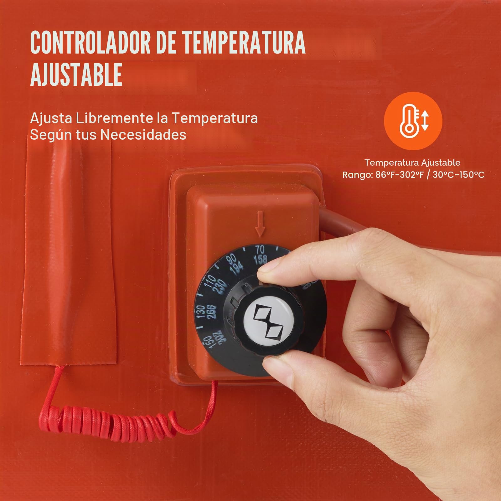 VEVOR Calentador de Bidón de Metal 1200W Correa Calefactora para Bidón 55 Galones Ancho 250mm Termostato Ajustable 30~150°C Correa Calefactora de Bidón de Grasa de Silicona Alta Eficiencia, Naranja