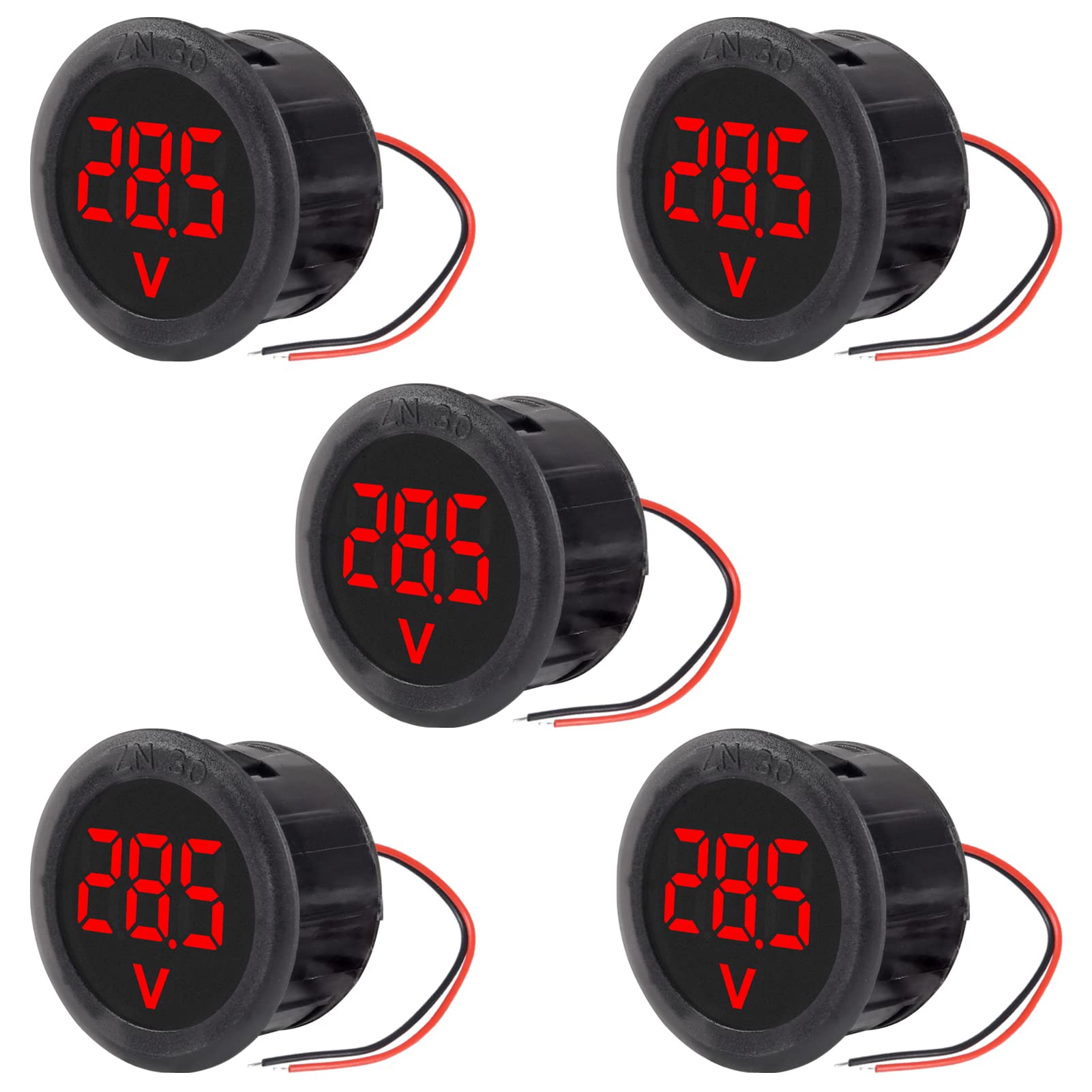 5 x DC 4–100 V LED-Digitalanzeige, rundes Zwei-Draht-Voltmeter, DC Digital-Voltmeter-Kopf-Display, umgekehrter Anschluss-Schutz