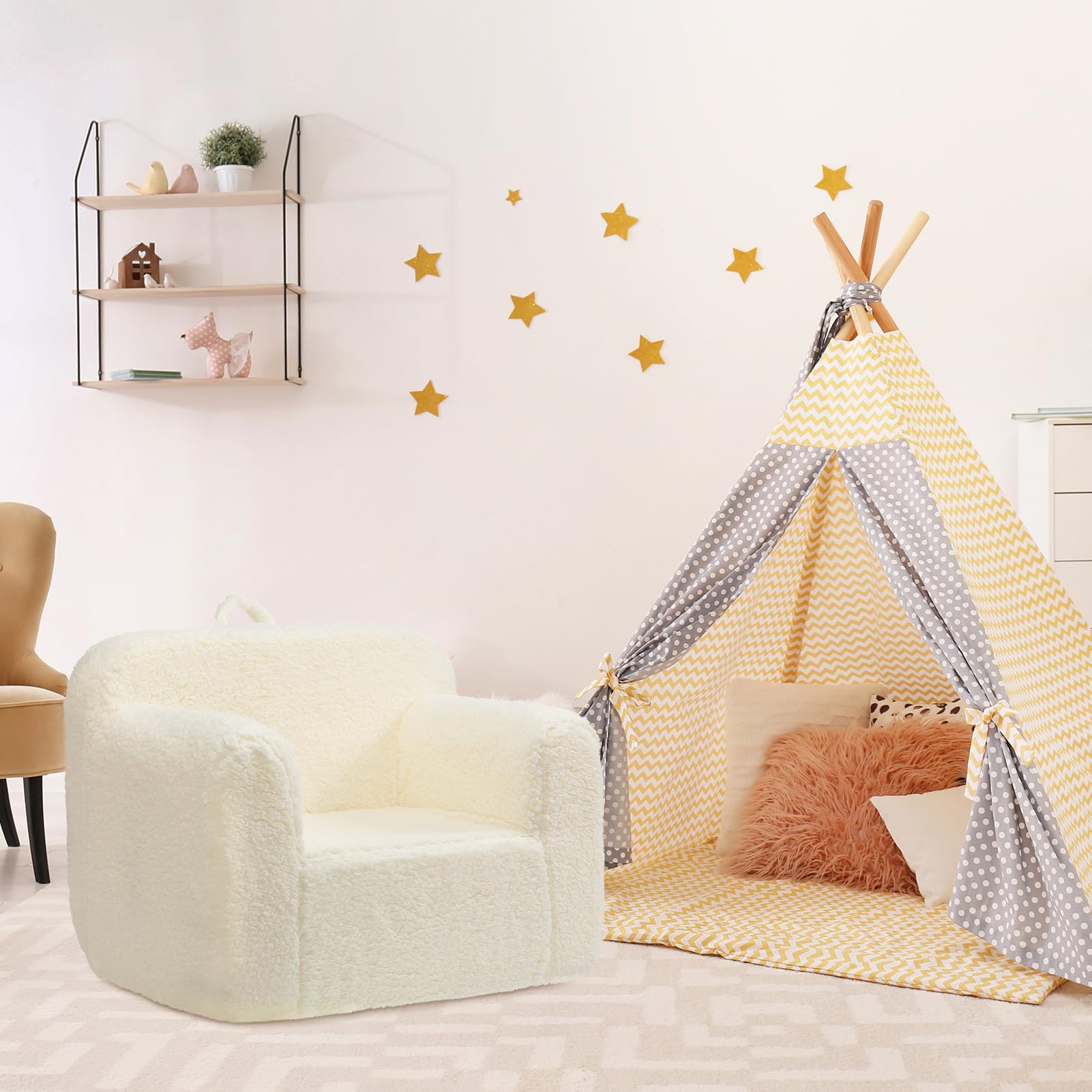 BEJOY Fauteuil pour Enfant,Canapé Ultra-Doux en Mousse Moelleuse,Fauteuil Câlin Simple en Sherpa Peluche,Canapé de Lecture Confortable pour Garçons et Filles,Crème