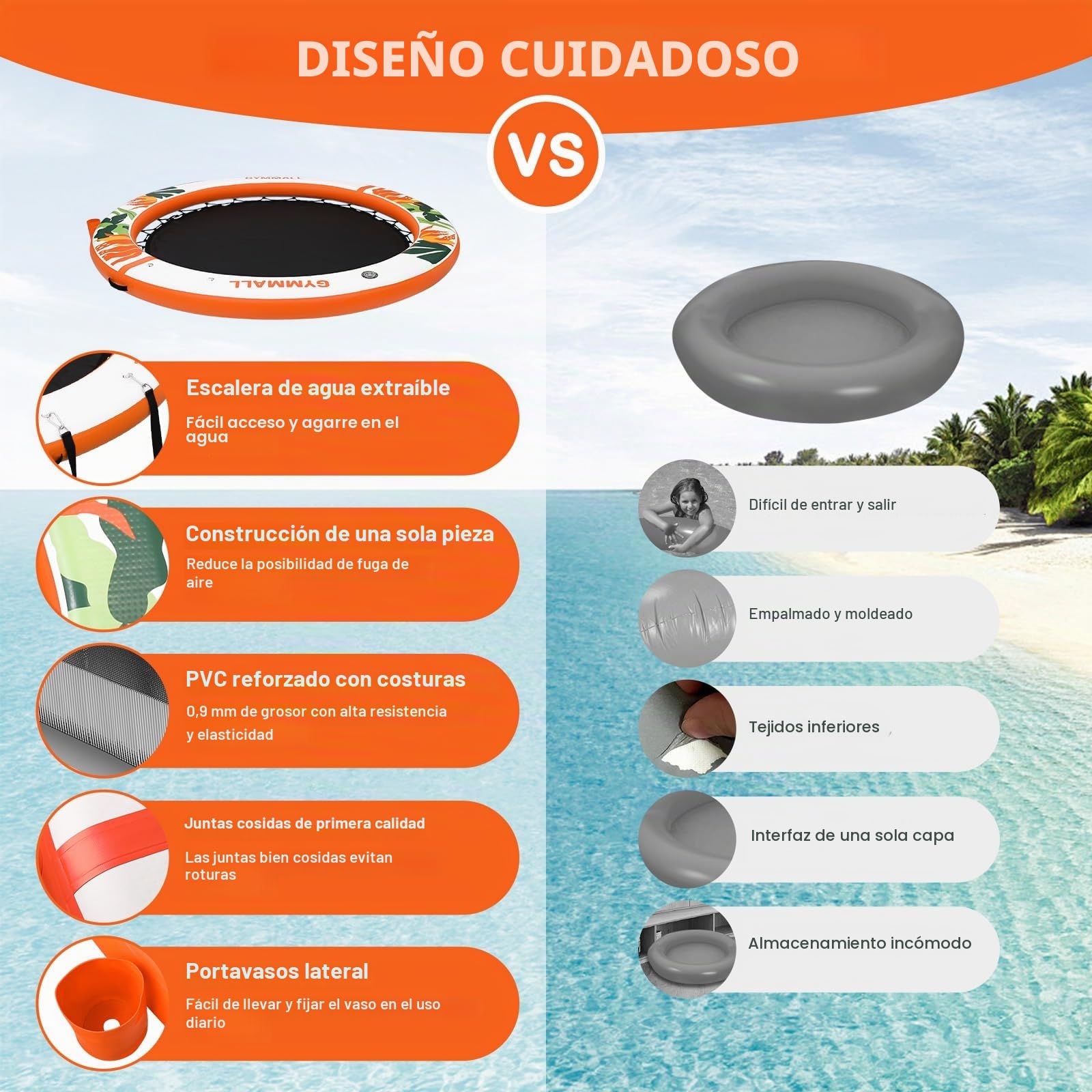 Plataforma Flotante Inflable Colchoneta Piscina 240 cm, Anillo Sunchill, Floating Yoga Dock Isla Flotante Hamaca Acuática Flotador Reposera con Escalera y Portavasos