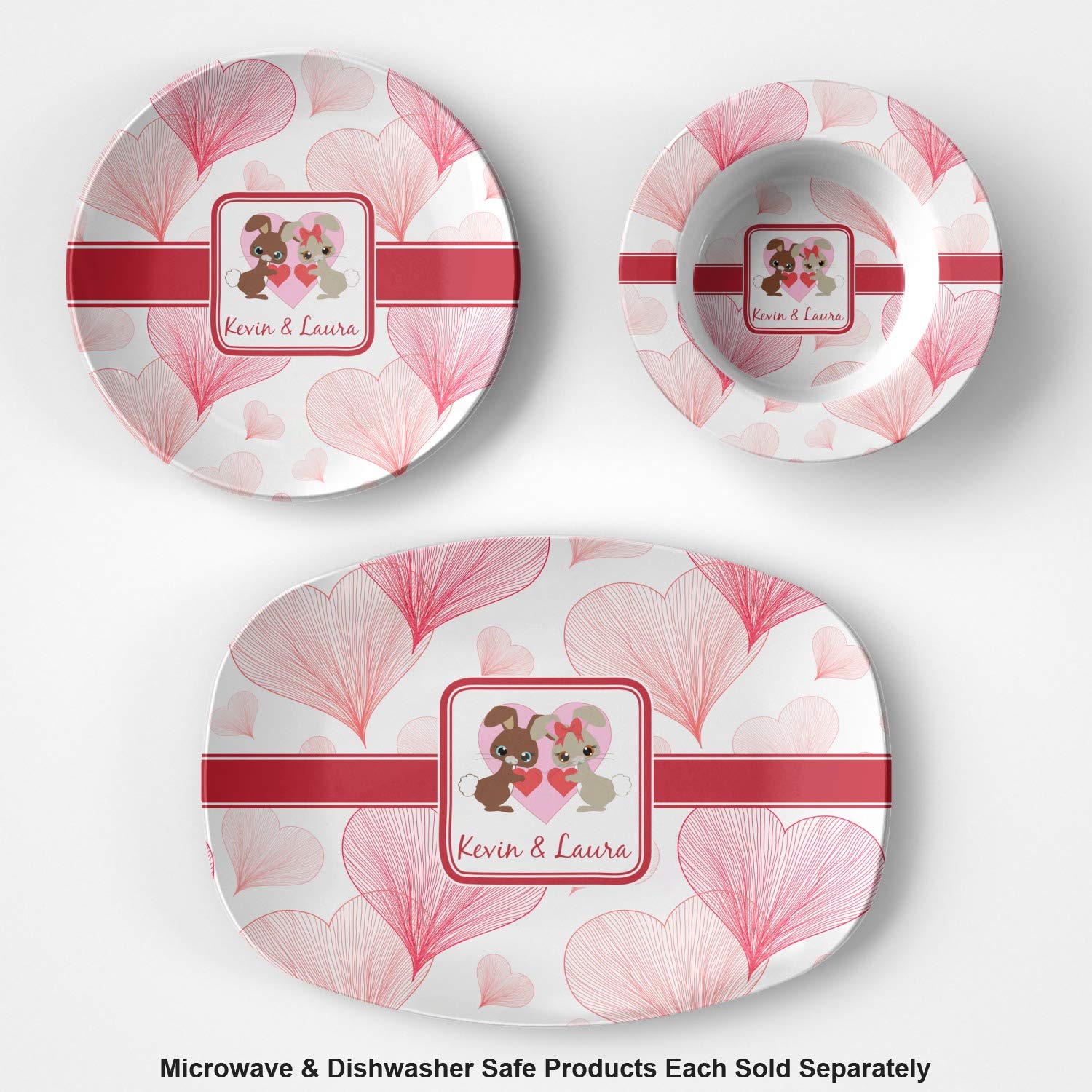 Personalized Hearts & Bunnies Plastic Bowl - Microwave Safe - Composite Polymer