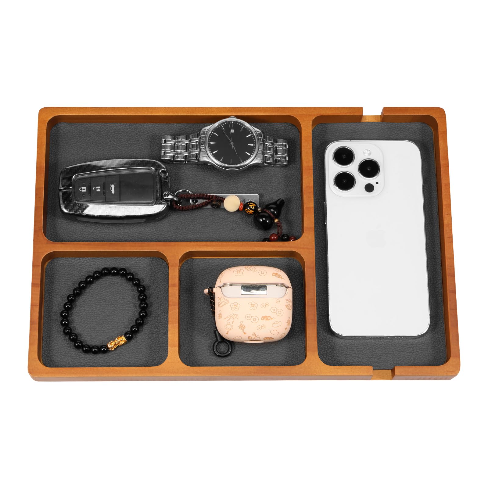 NZWBSHSSP Vintage Wooden Valet Tray with Leather Inlay Nightstand Organizer for Men Women 4 Compartment Bedside Table Organiser Tray for Key Jewelry Wallet Divided Storage Box Desk Organizer