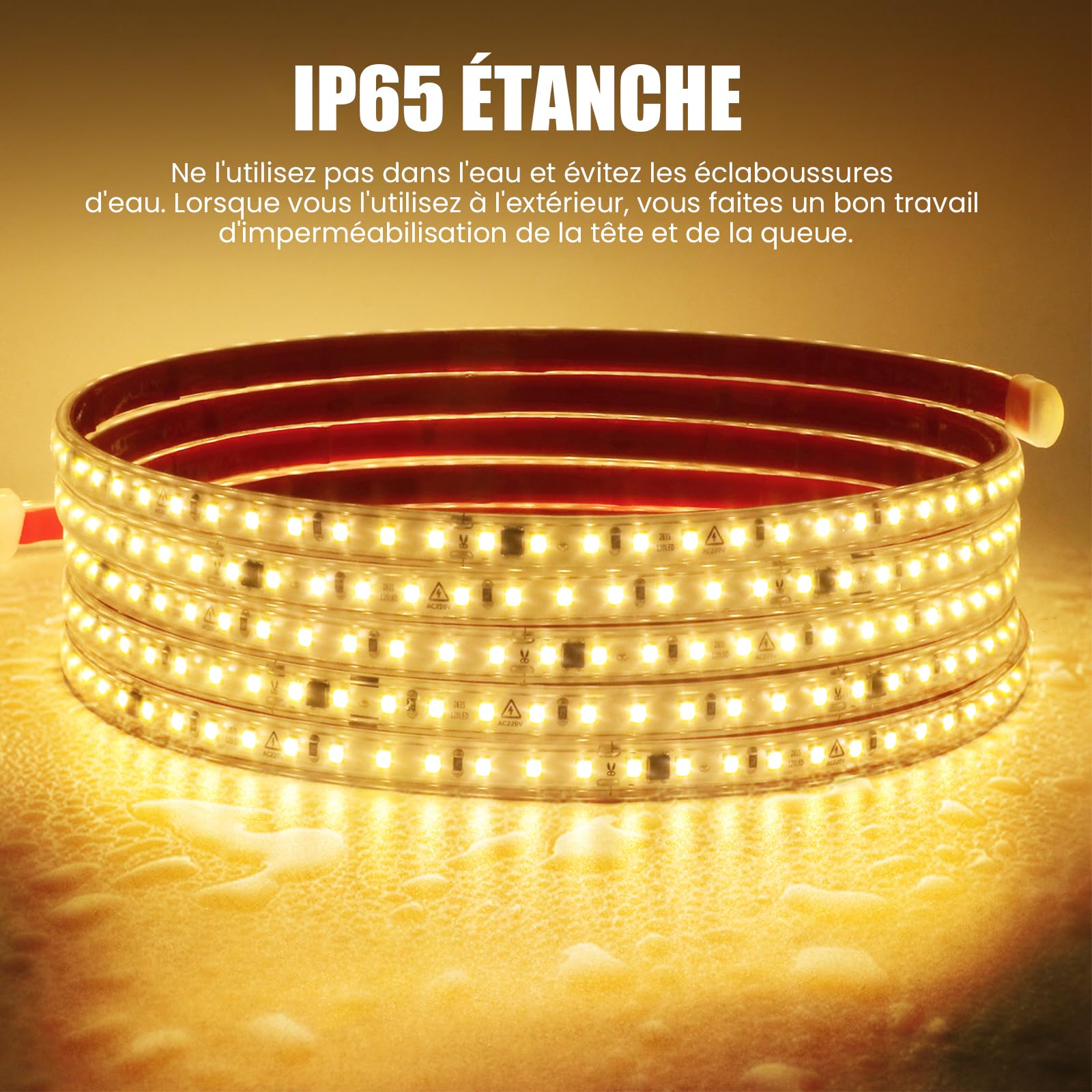 Bande LED COB Flexible 220V - 2 Mètres, 240 LEDs/m, IP65 étanche, Blanc Chaud 3000-3500K, Pour Décoration Intérieure Et Extérieure - 10