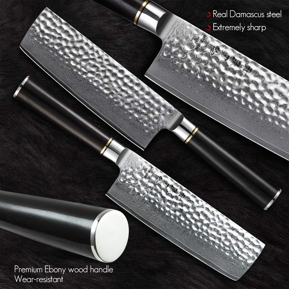 Meat Cleaver Knife, Kitchen Knife 6.8'' Nakiri Knife Japanese VG10 Damascus Steel Butcher Meat Cleaver Vegetable Knives Cooking Cutter Ebony Handle