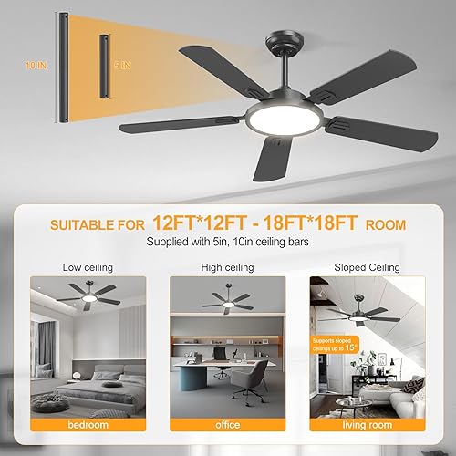 Miniatura 7 de onffo Ventilador de techo de perfil bajo de 52 pulgadas con luz y control remoto, moderno ventilador de techo negro, motor CC reversible ultra