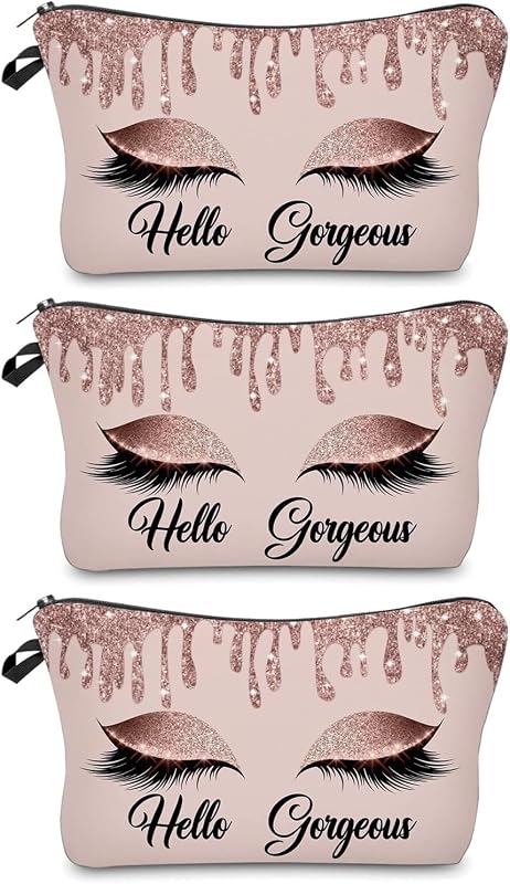 Baobeily Necessaire de maquiagem rosa com estampa de cílios Hello Gorgeous, Pacote com 3
