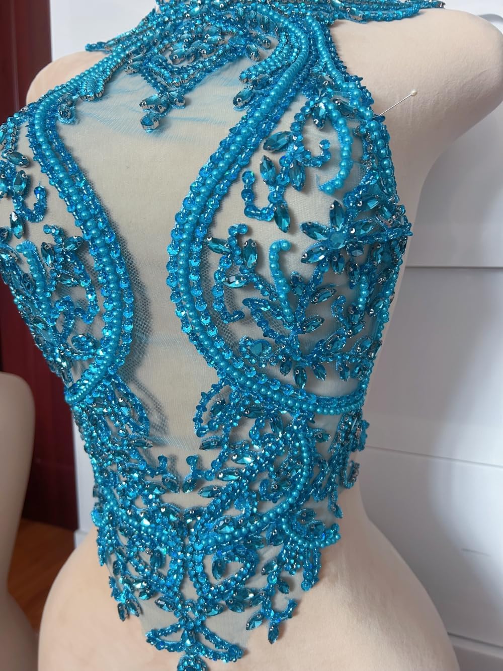 Beaded Appliques Sew on Lace with Crystals Rhinestones for Sewing Clothes Patches Prom Gown Wedding Dress Decorations (Lightblue)