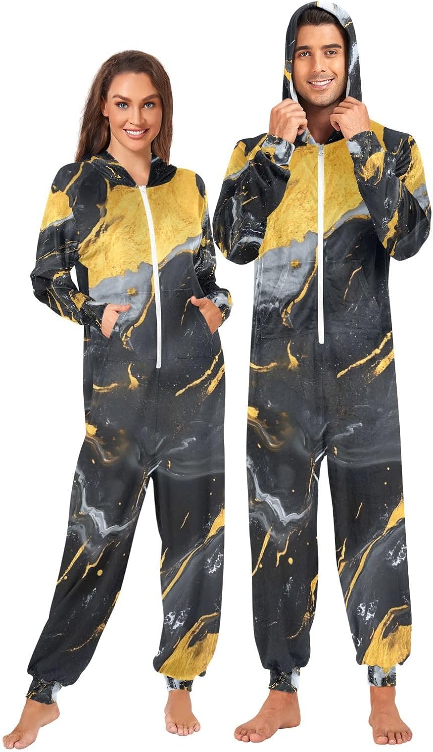 Black Marble Gold Unisex Adult Onesie Pajamas Comfy One Piece Costume Jumpsuits Novelty Sleepwear Homewear for Men Women
