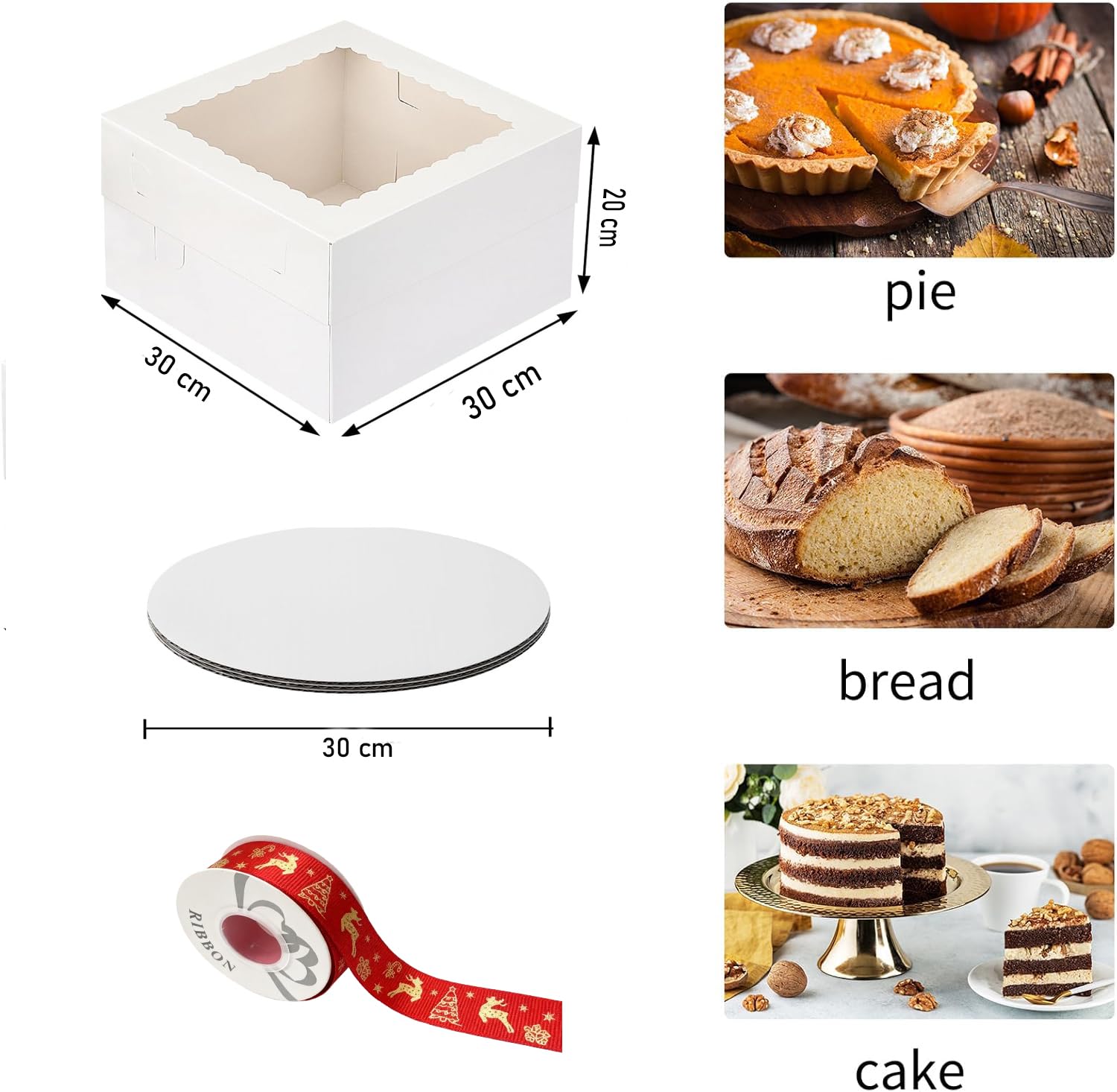 Caja de cartón para tartas de 30 x 30 x 20 cm, caja de transporte para tartas, caja blanca para tartas con ventana y 10 tablas redondas para tartas, 1 rollo de cinta de raso para tartas