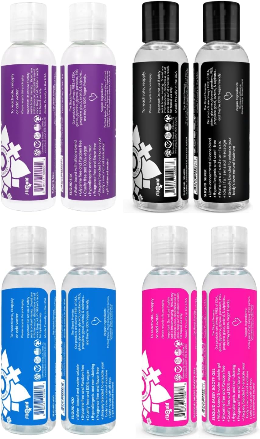 Sliquid H2O, Sassy, Silk, and Silver Pleasure Pack - Water-Based Lube & Silicone Lubricant Set, Gift Ideas for Women/Men/Couples, Travel-Size Personal Lubricant, 2 Fl Oz Ea (4 Piece Set)