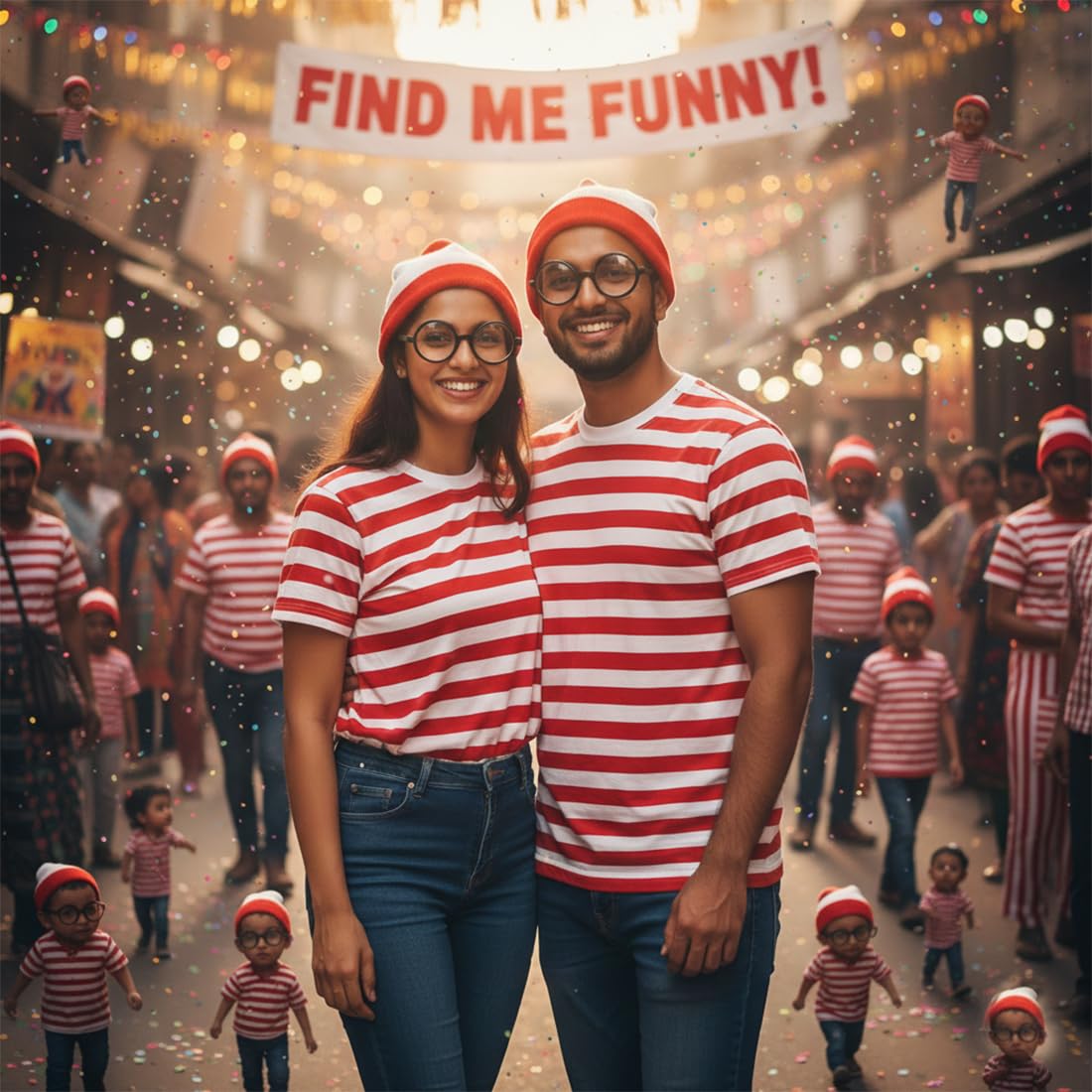 FASHIONISM Mens Womerns Red and White Stripe T Shirt Hat Glasses 3 pcs Set Unisex Fancy Dress Book Week Costume (3Pcs Set Medium) - Image 4