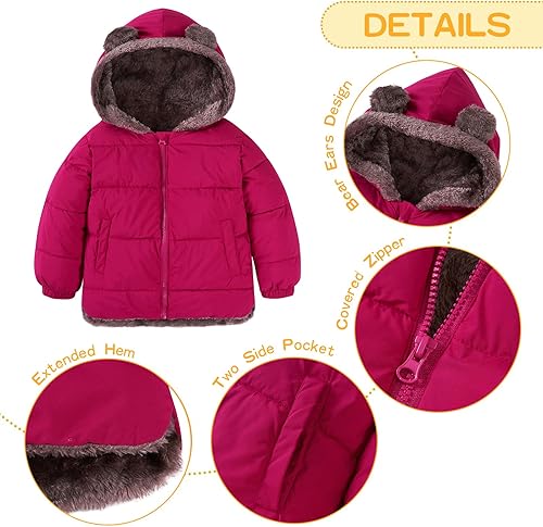 Enlifety 6M-5T Baby Toddler Winter Fleece Coat Boys Girls Cute Bear Ear Hooded Jackets with Pockets(Rose Red,1-2T)