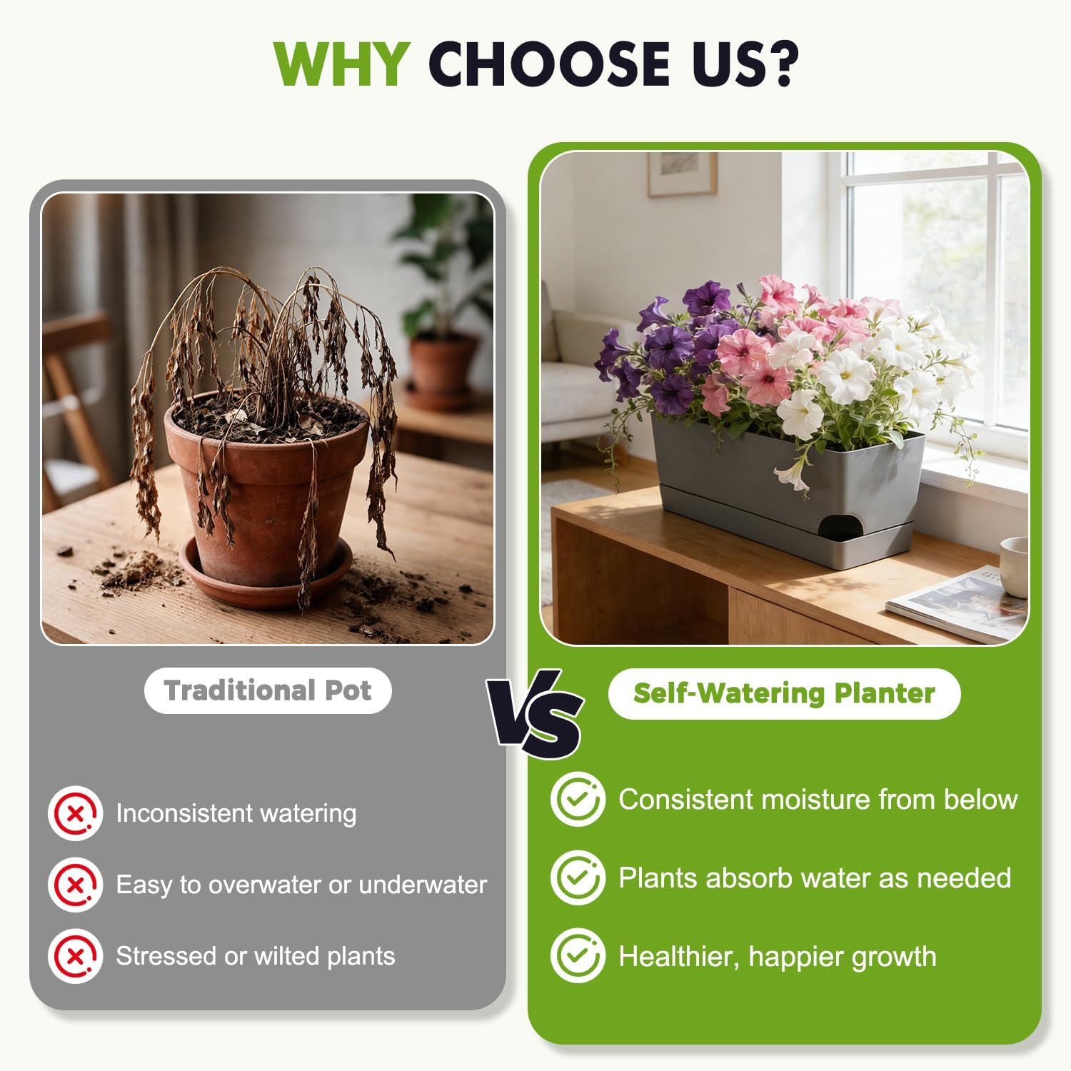 4 Pack Self Watering Pots for Indoor Plants 17 Inches Window Boxes Planters Rectangular Flower Pots Rectangle Herb Pots Large Plant Pots with Drainage Holes and Saucers Windowsill Planter, Grey