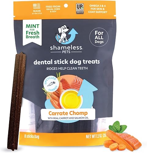 Shameless Pets Golosinas dentales para perros, Carrate Chomp, palitos dentales saludables con soporte para la piel y el pelaje para limpieza de