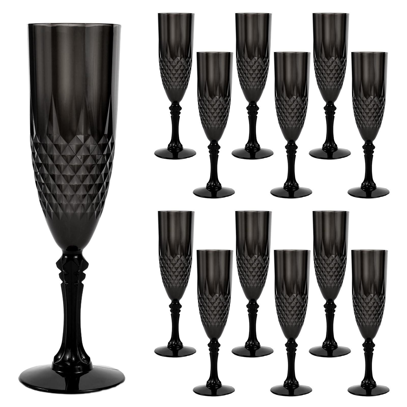 CHICERA 12 Pcs Black Plastic Champagne Flutes，Black Champagne Glasses Bulk, Made of Durable Plastic Material Can be Used for Weddings, Everyday Fun