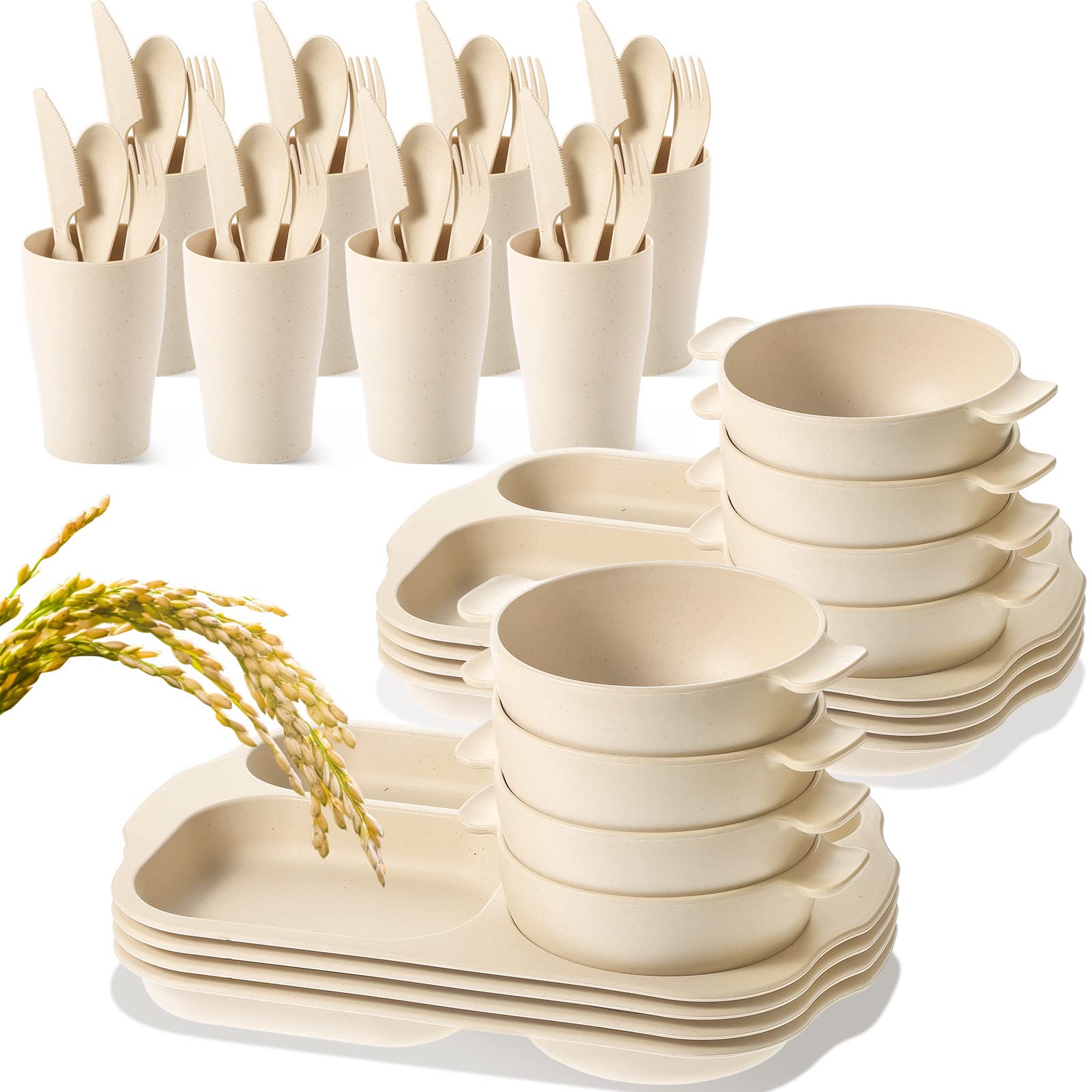 Weewooday 48 Pcs Wheat Straw Tableware Set for 8 Wheat Dinnerware Cutlery Include 8 Divided Dinner Plate 24 Spoon Knife Fork 8 Cup 8 Bowl Reusable Unbreakable Dishwasher for Kids Adult (Beige)