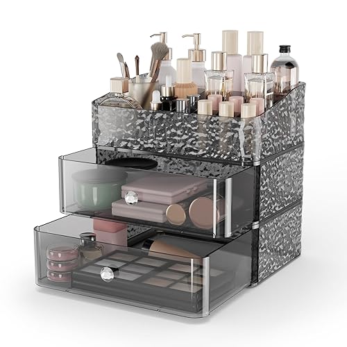 Rosoenvi Organizador de maquillaje para tocador, organizador apilable de cosméticos y almacenamiento, vitrinas de cosméticos con 2 cajones y 1