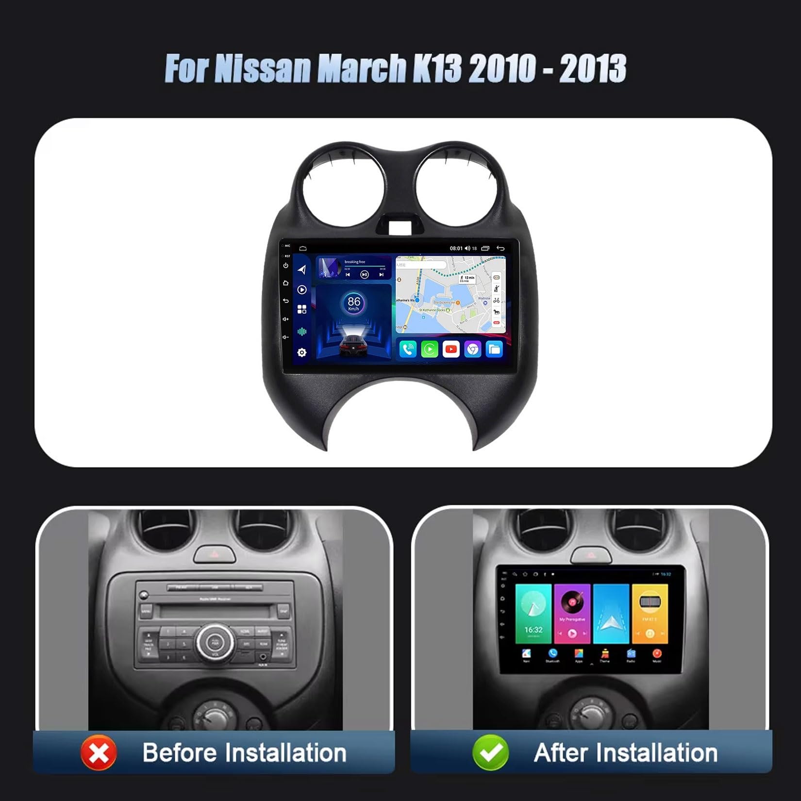 Radio samochodowe z systemem Android 2 Din do Nissan March K13 2010-2013 ekran dotykowy 9-calowy nawigacja GPS nawigacja satelitarna multimedialny odtwarzacz wideo z Bluetooth 4G WiFi FM RDS DSP(P18
