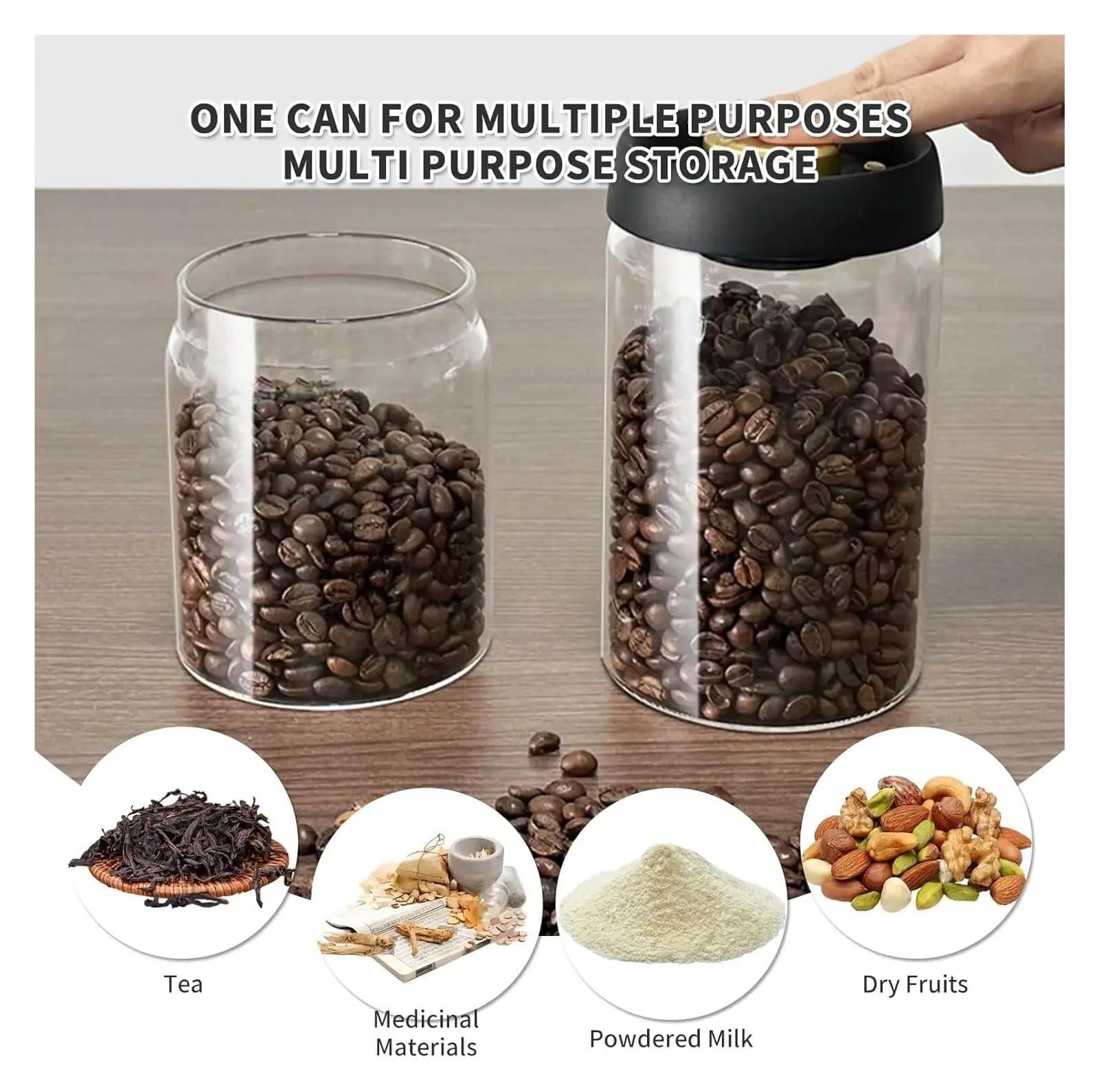 Vakuum-Glasvorratsglas, transparenter luftdichter Behälter | Für Kaffeebohnen und Getreide, manuelles Vakuumpumpen, feuchtigkeitshemmend, 500 900 1200 1800ml(1200ml Golden)