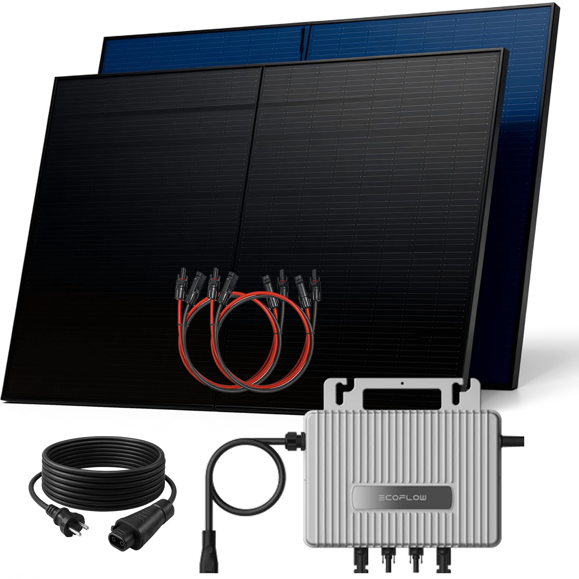SUNNIVA® 1000W Balkonkraftwerk BIFAZIAL FULLBLACK komplett Steckdose ECOFLOW 800 Watt Wechselrichter, Solaranlage Komplettset, 2x 500W N-Type Glas Bifacial Solarmodule, 5m Kabel, 4x 1m Solarkabel