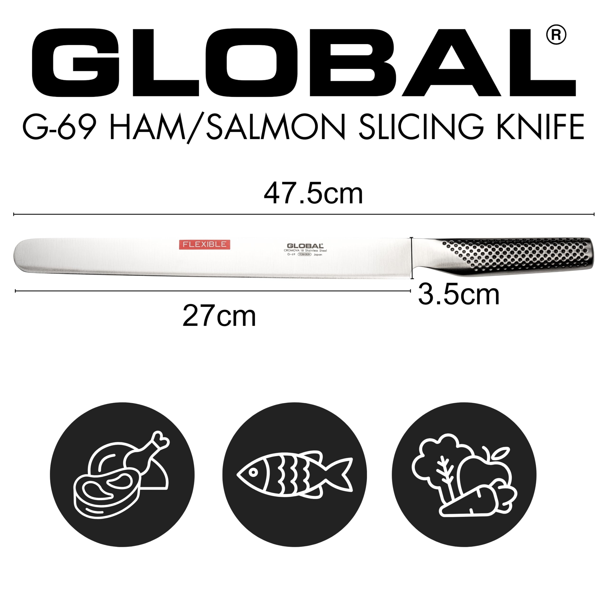 Global Flexibler Schinken-/Lachsschneider, 26,7 cm, Leichter japanischer Edelstahl, rasiermesserscharfe Kante, hergestellt in Japan, G-69