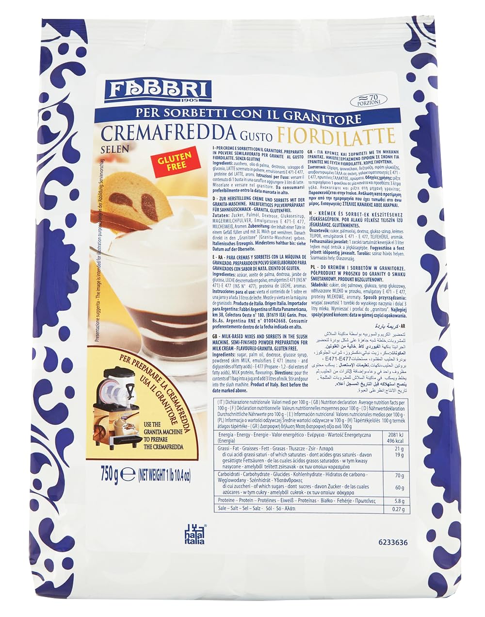 CremaFredda Fiordilatte Preparato in Polvere per Granite al Gusto Fiordilatte, Senza Glutine (Gluten Free) per fabbri 750g