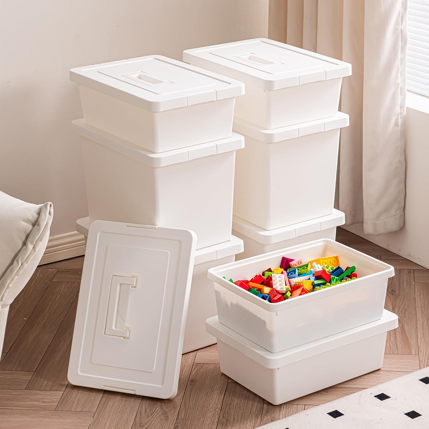 15 Quart White Stackable Storage Bins – with lock lids, built-in handles, and dust/water/moisture-proof. for organizing clothes, toys, office supplies in closets, under beds, garages. (white, 2L)