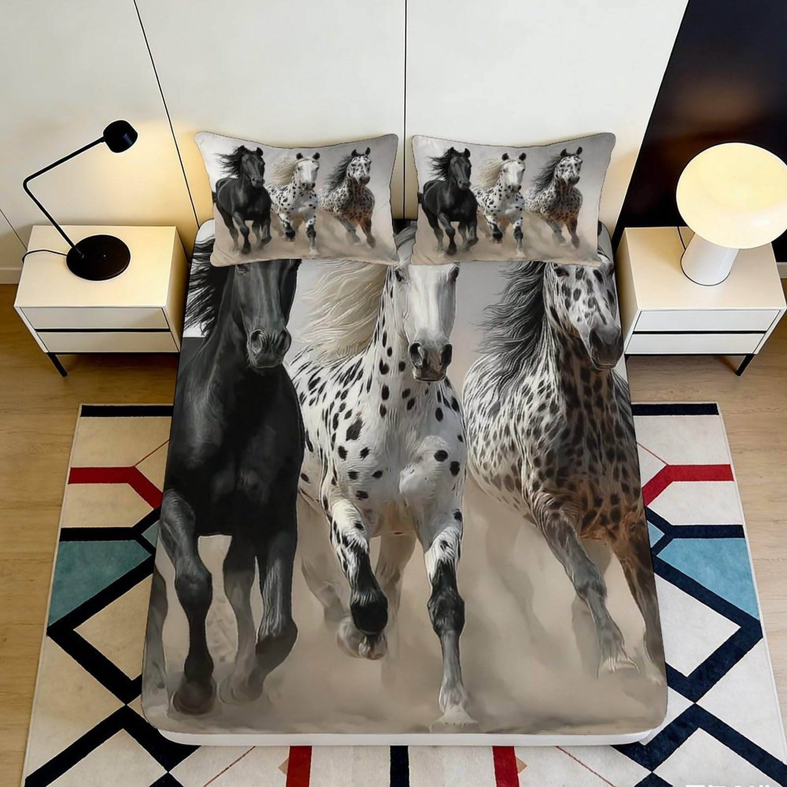 3D Printed Running Horse Fitted Sheet Microfiber Breathable Appaloosa Mattress Cover for Bedroom Dorm Decor 200x200x25cm