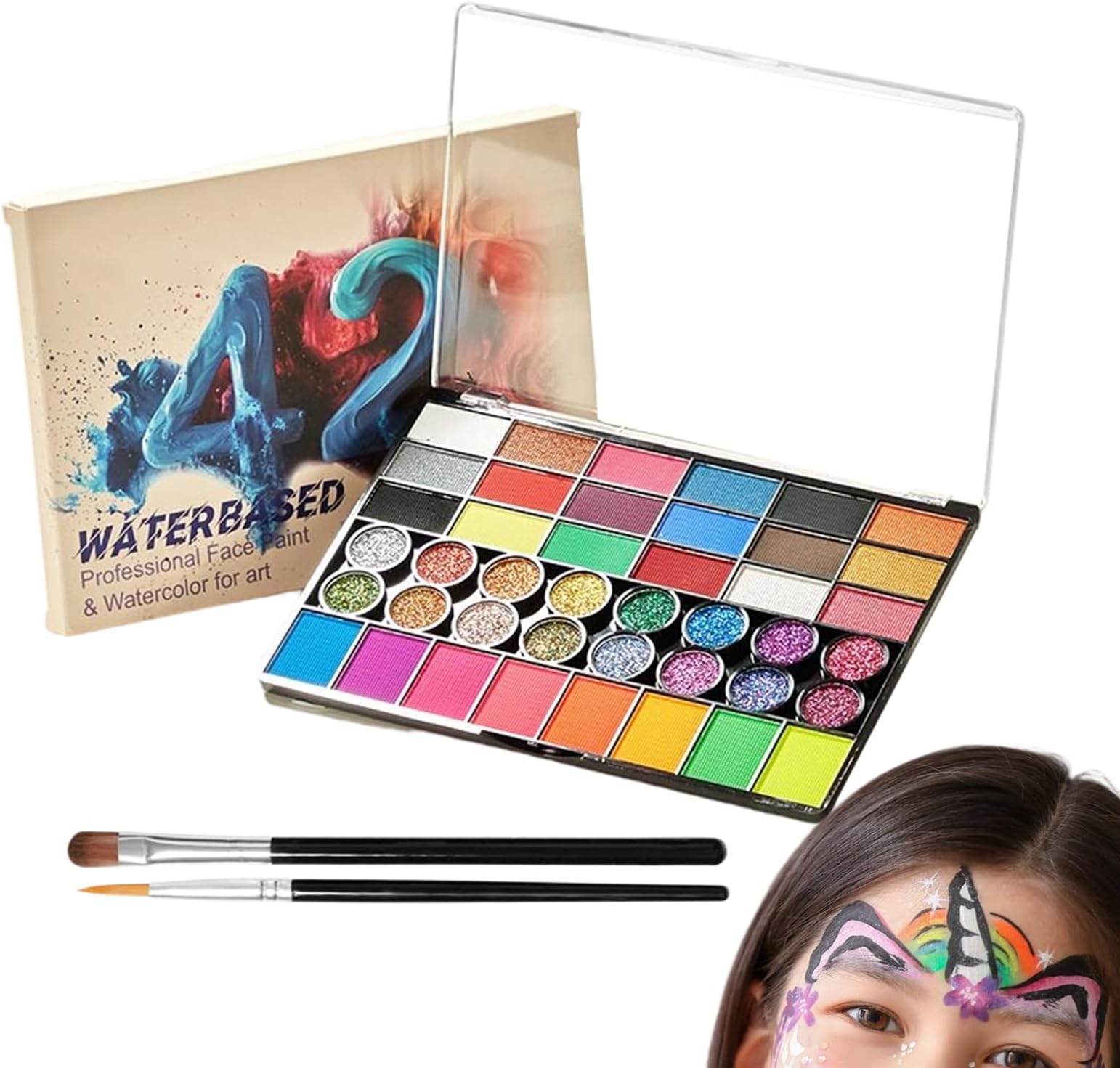 Face Painting Kit, 42 Color Water Activated Facepaint Makeup Kit, Professional Makeup Palette Facepaint for Stage Performance School Events Halloween Party Festivals Birthday Carnival