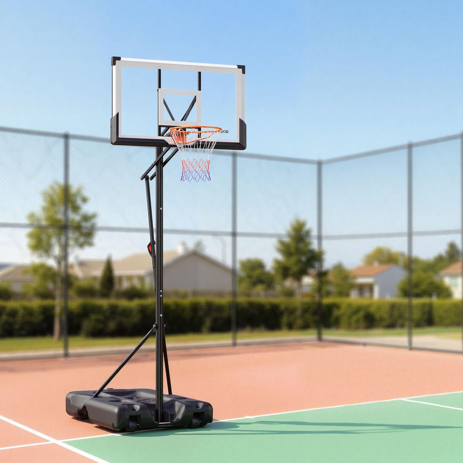 VEVOR Supporto da Basket Portatile Massimo 3,05 m Pallacanestro da Esterno con Piedistallo Regolabile in Altezza Design di Sollevamento, con Ruote e Tabellone PC da 1371,6 mm, per Cortili, Scuole